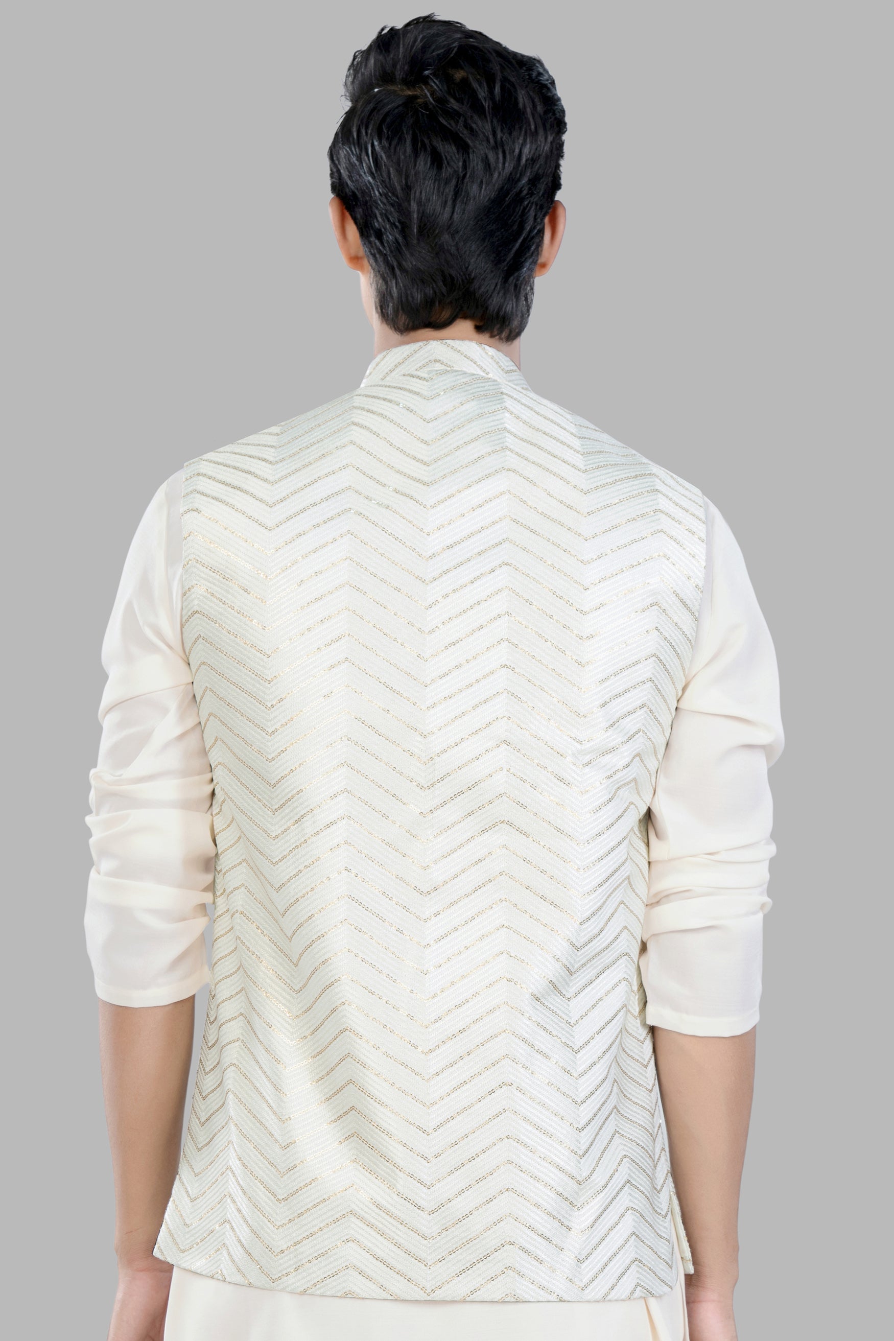 Bright White Chevron Sequin and Thread Embroidered Designer Nehru Jacket WC3472-36, WC3472-38, WC3472-40, WC3472-42, WC3472-44, WC3472-46, WC3472-48, WC3472-50, WC3472-52, WC3472-54, WC3472-56, WC3472-58, WC3472-60