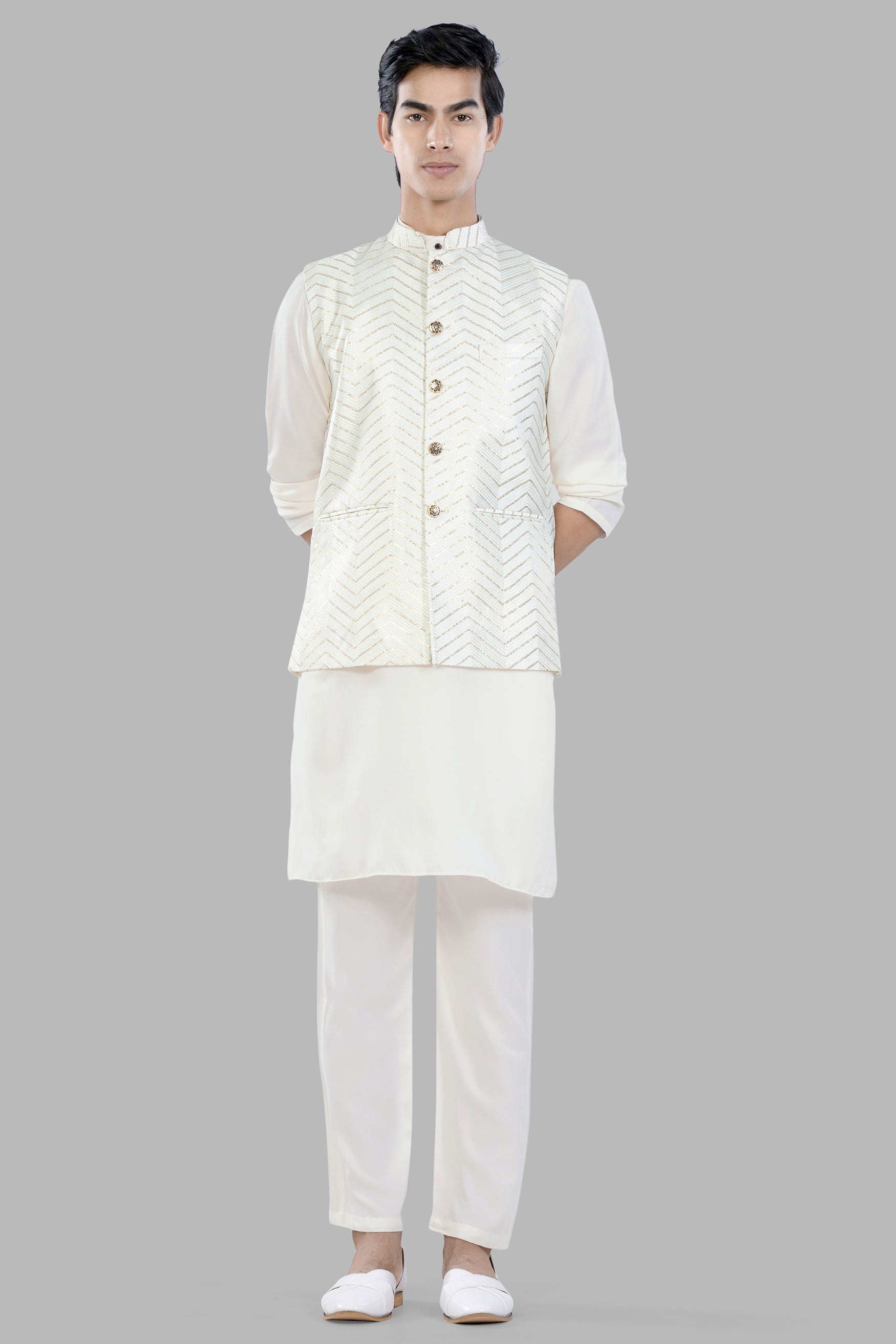Bright White Chevron Sequin and Thread Embroidered Designer Nehru Jacket WC3472-36, WC3472-38, WC3472-40, WC3472-42, WC3472-44, WC3472-46, WC3472-48, WC3472-50, WC3472-52, WC3472-54, WC3472-56, WC3472-58, WC3472-60