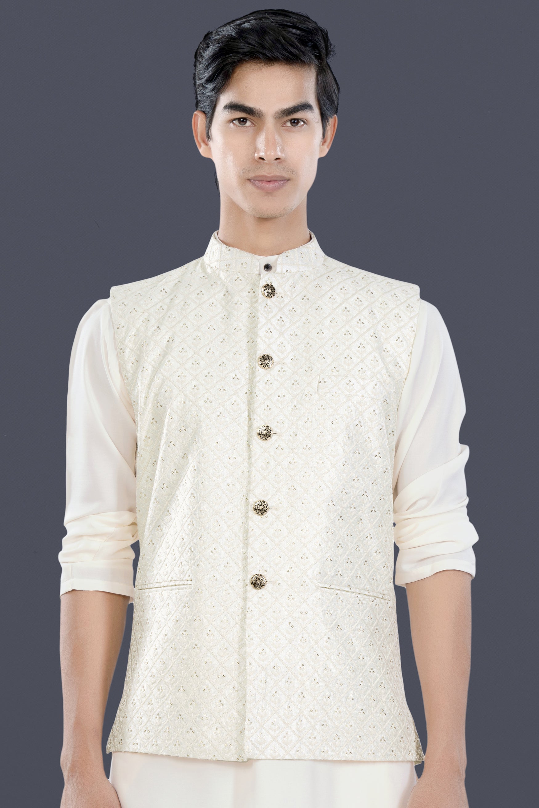 Bright White Trellis Sequin and Thread Embroidered Designer Nehru Jacket WC3474-36, WC3474-38, WC3474-40, WC3474-42, WC3474-44, WC3474-46, WC3474-48, WC3474-50, WC3474-52, WC3474-54, WC3474-56, WC3474-58, WC3474-60