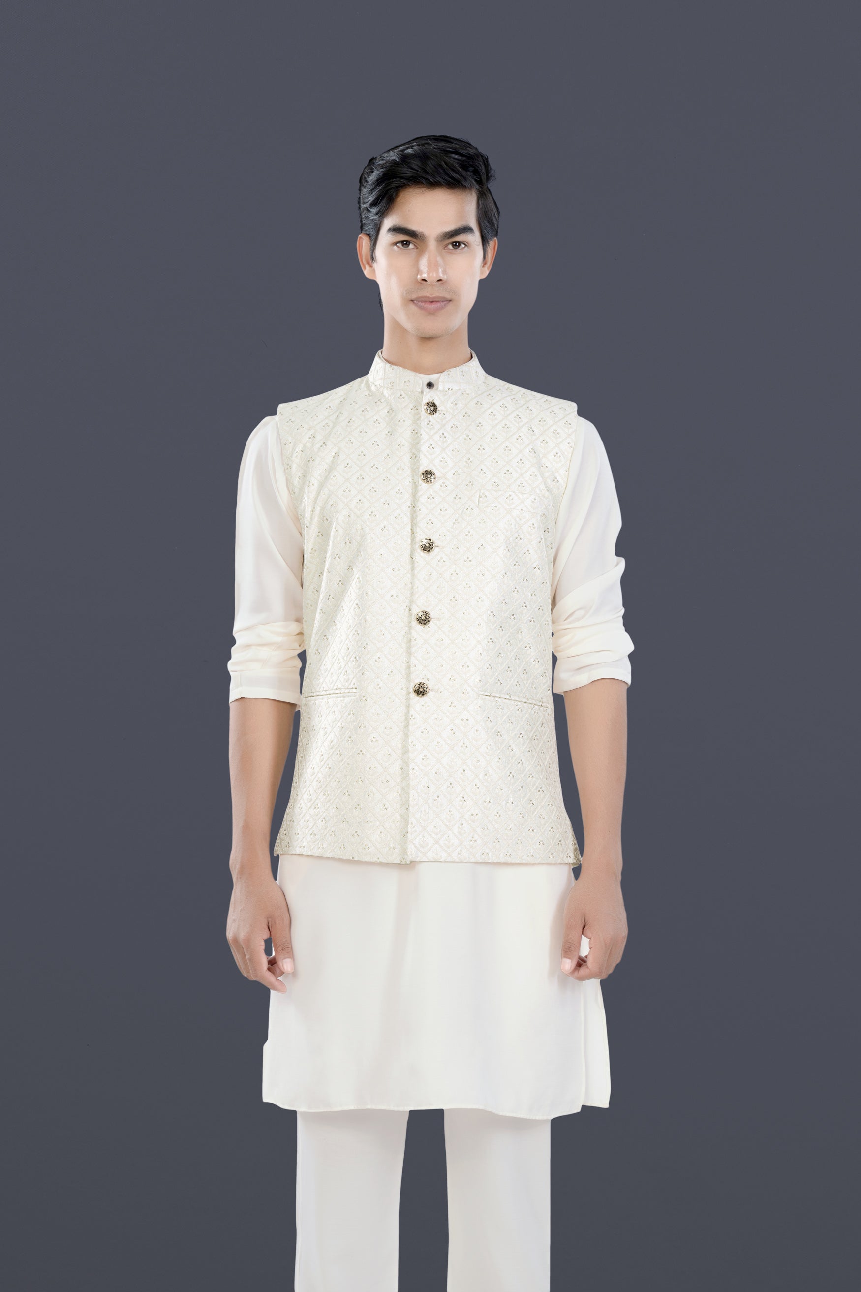 Bright White Trellis Sequin and Thread Embroidered Designer Nehru Jacket WC3474-36, WC3474-38, WC3474-40, WC3474-42, WC3474-44, WC3474-46, WC3474-48, WC3474-50, WC3474-52, WC3474-54, WC3474-56, WC3474-58, WC3474-60