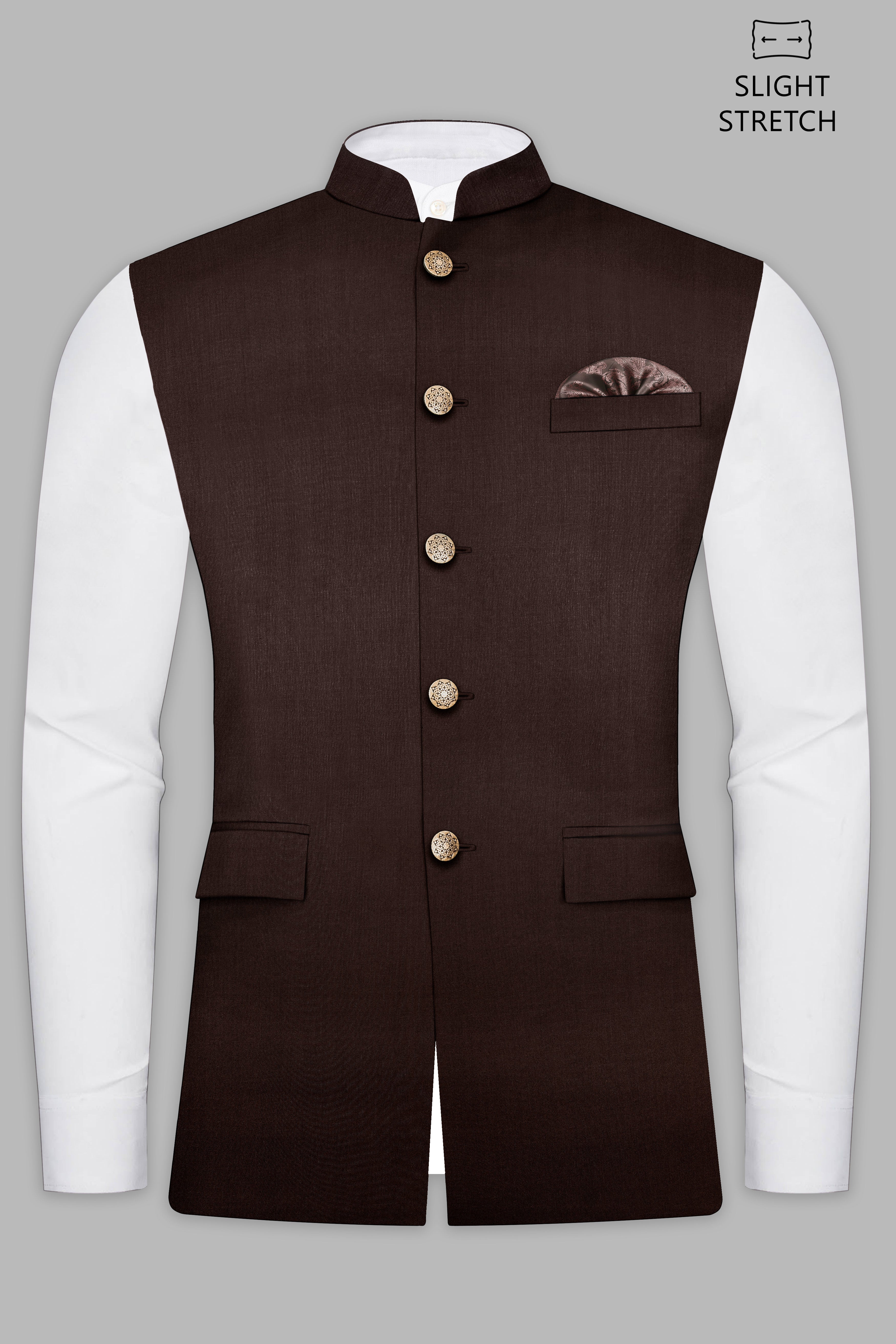 Espresso-Hickory Brown Solid Wool Rich Slight Stretch Nehru Jacket
