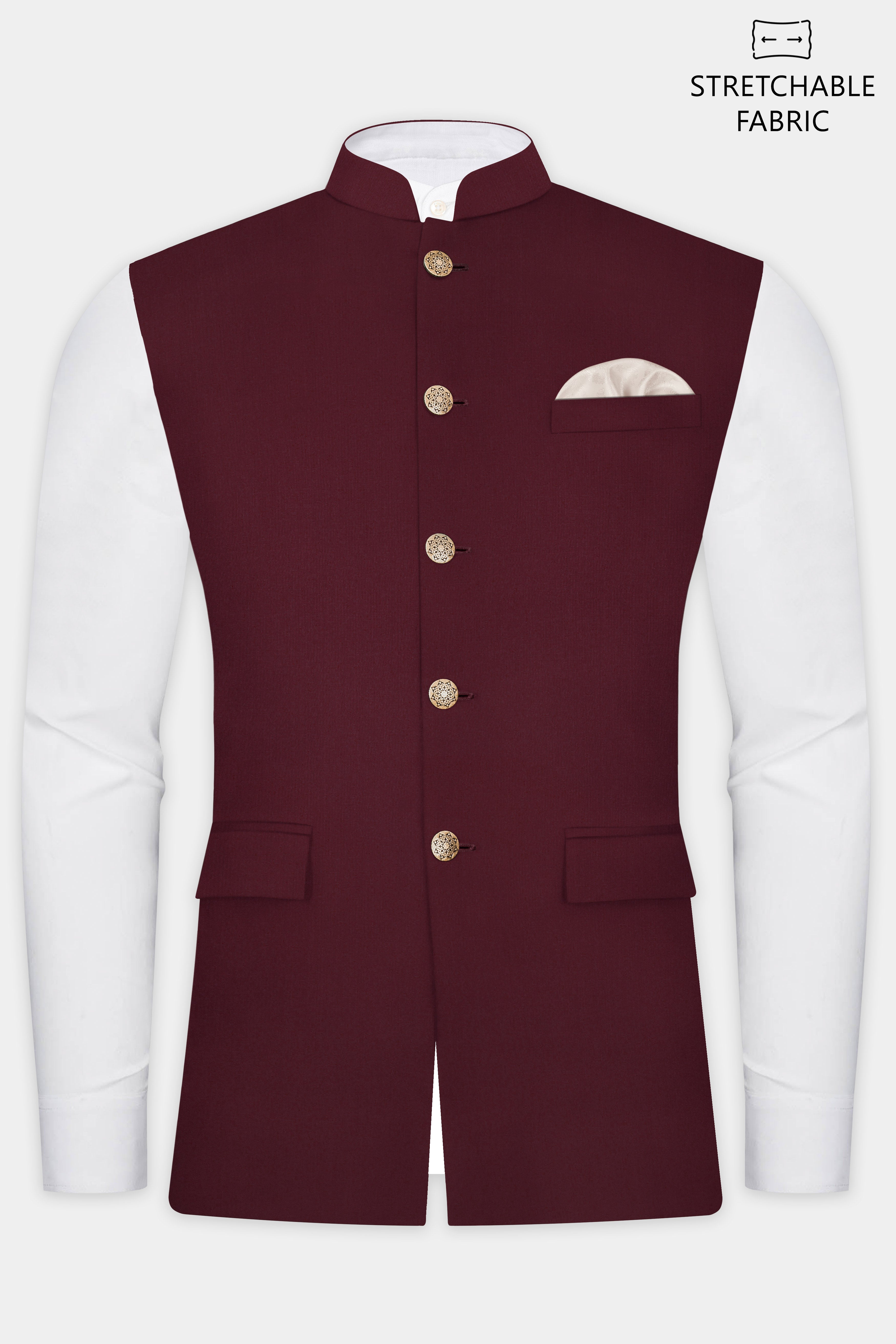 Merlot-Wine Berry Solid Wool Rich Slight Stretch Nehru Jacket