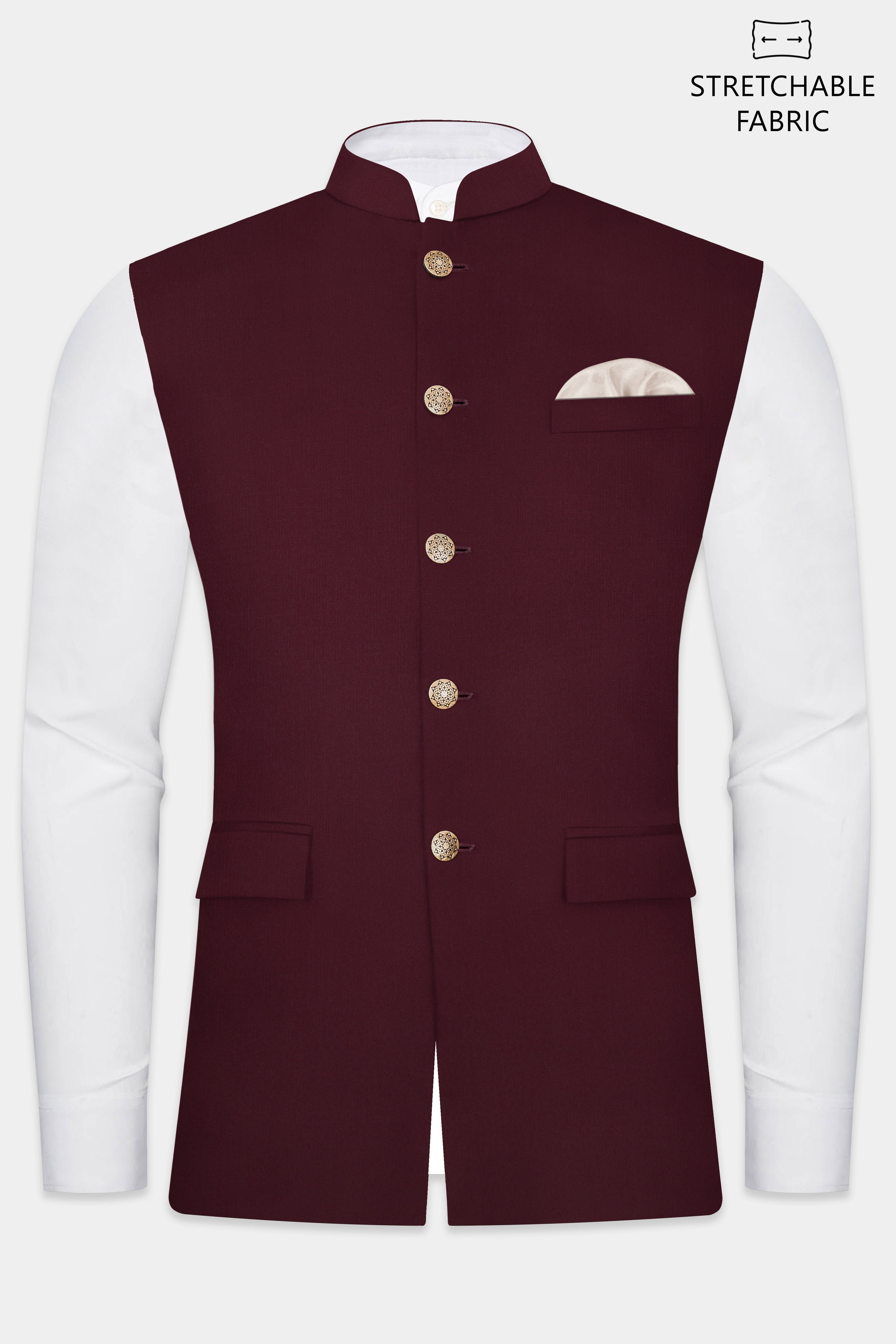 SepiaElite-Tamarind Brown Solid Wool Rich Slight Stretch Nehru Jacket