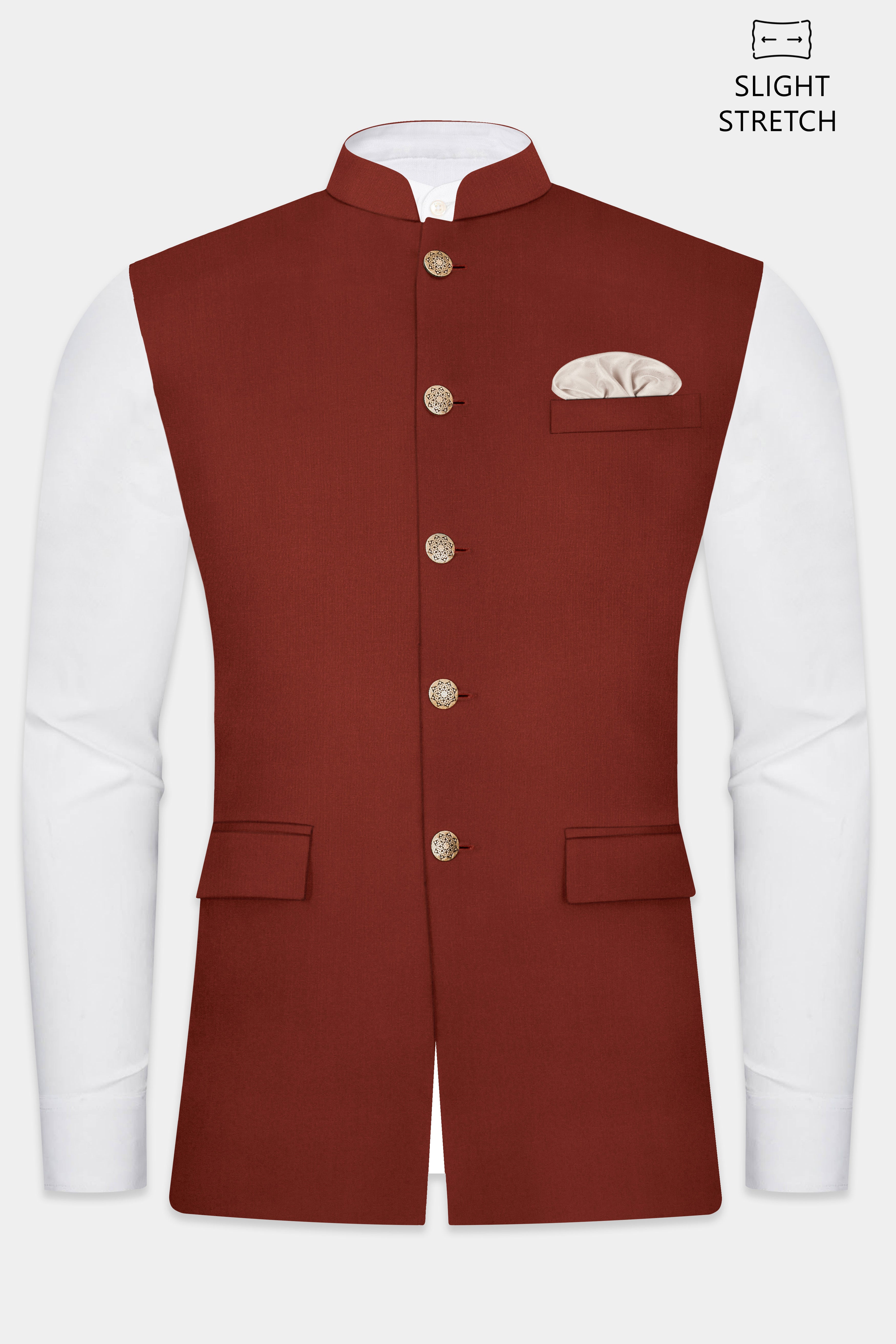 Inferno Rust-Brick Red Solid Wool Rich Slight Stretch Nehru Jacket