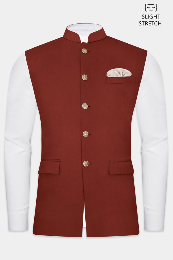Inferno Rust-Brick Red Solid Wool Rich Slight Stretch Nehru Jacket