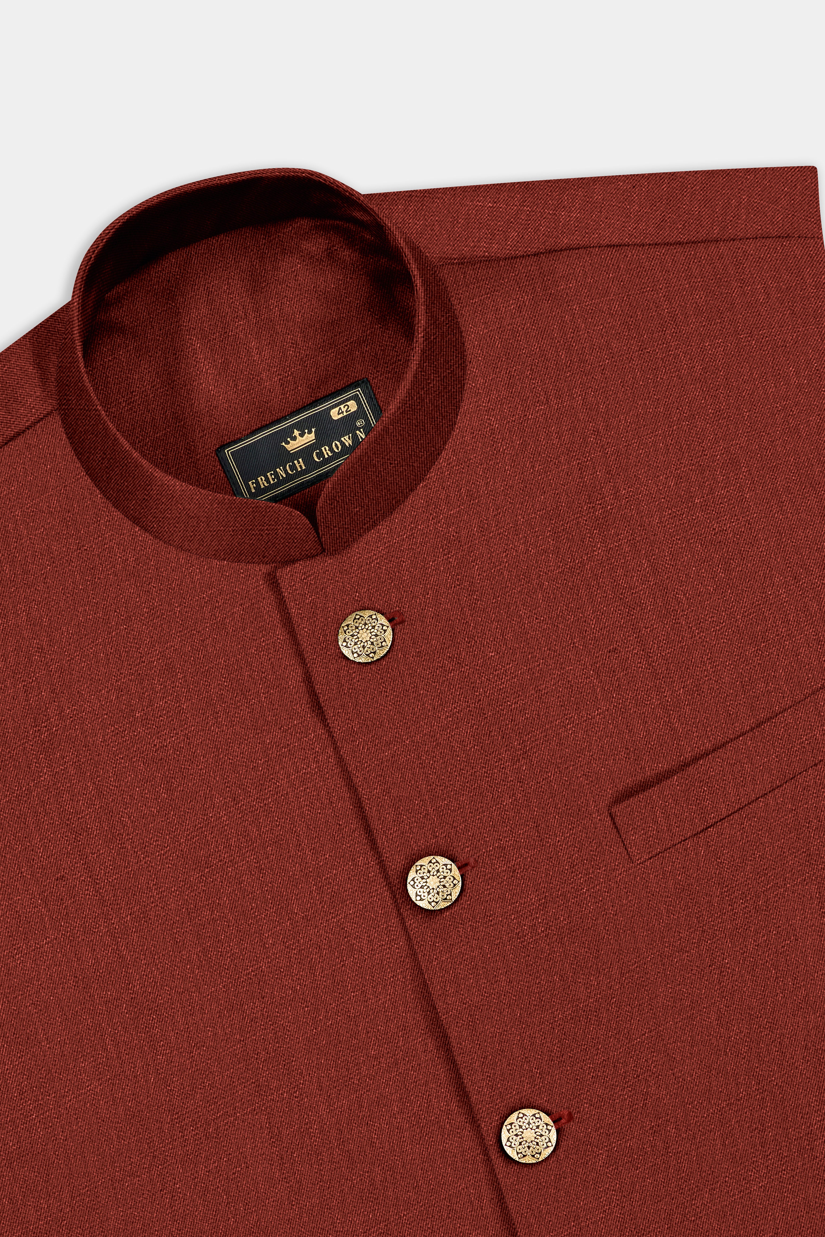 Inferno Rust-Brick Red Solid Wool Rich Slight Stretch Nehru Jacket