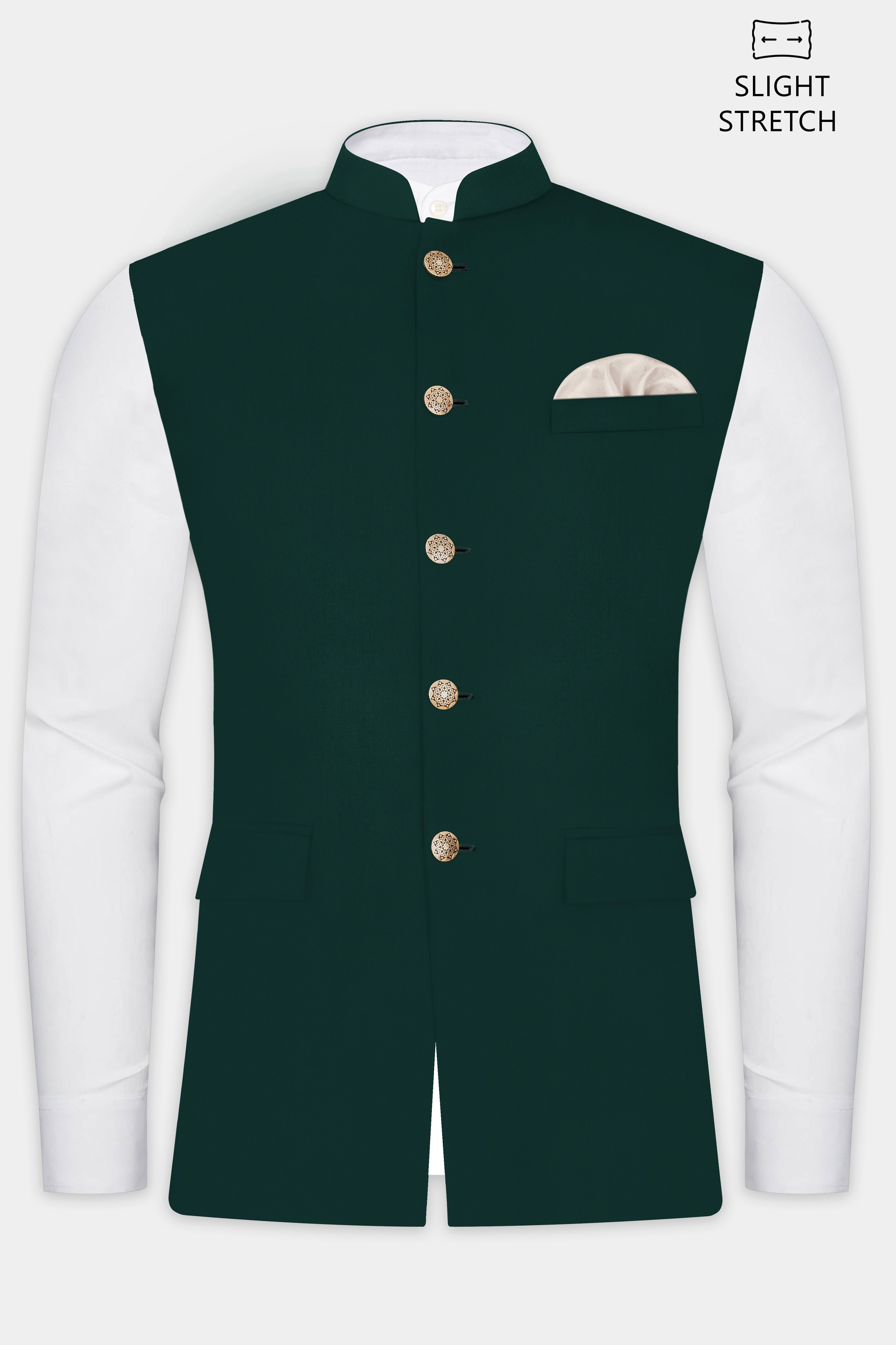 Emerald-Zucchini Green Solid Wool Rich Slight Stretch Nehru Jacket