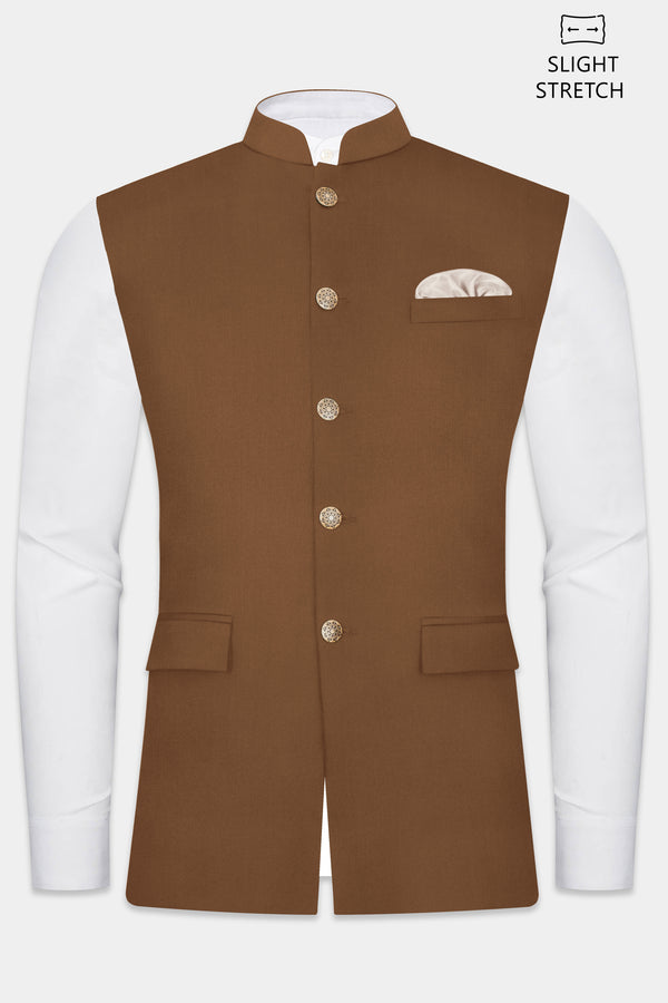 Bronze-Tawny Brown Solid Wool Rich Slight Stretch Nehru Jacket
