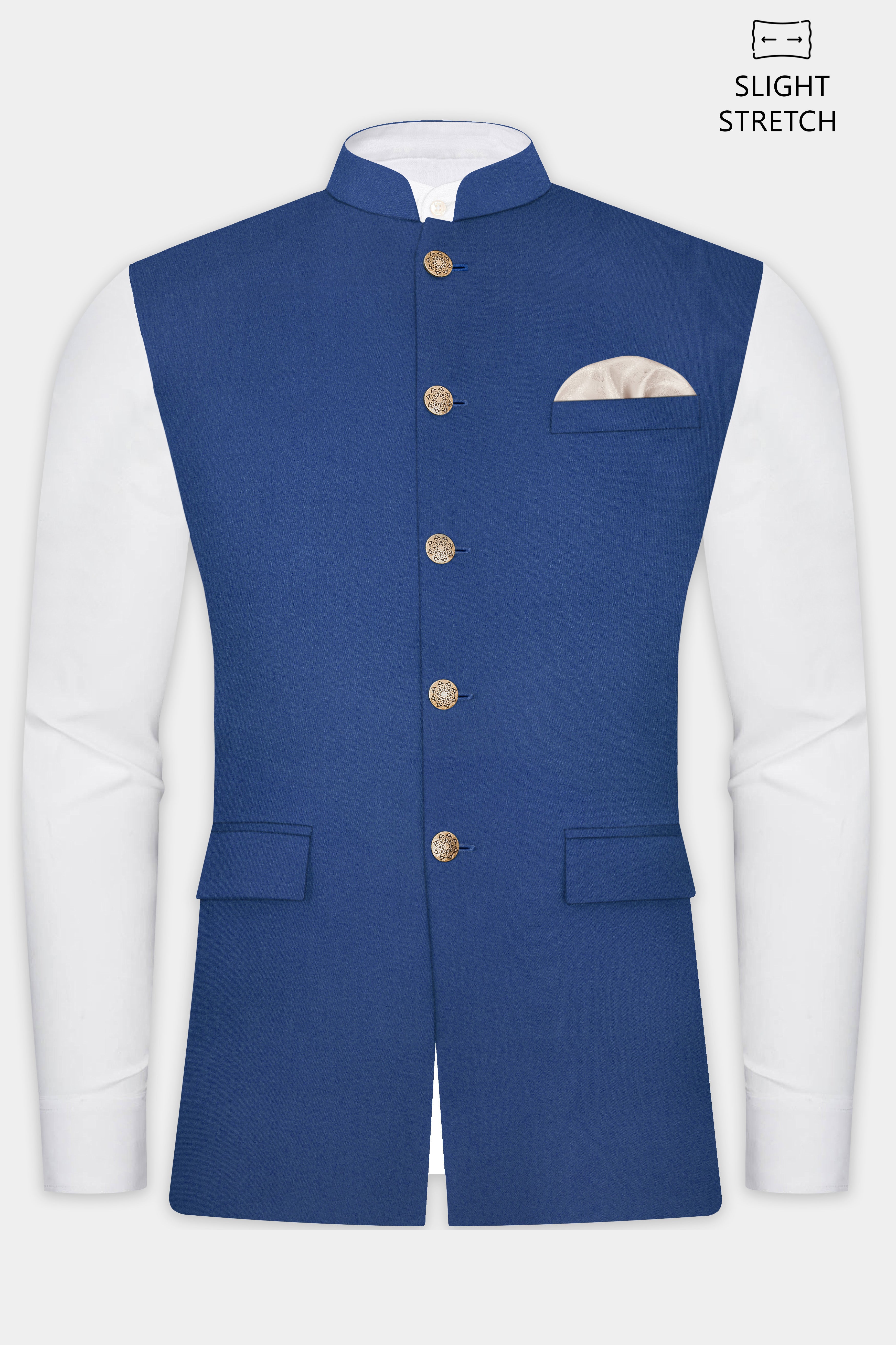 Cerulean Elite-Cobalt Blue Solid Wool Rich Slight Stretch Nehru Jacket