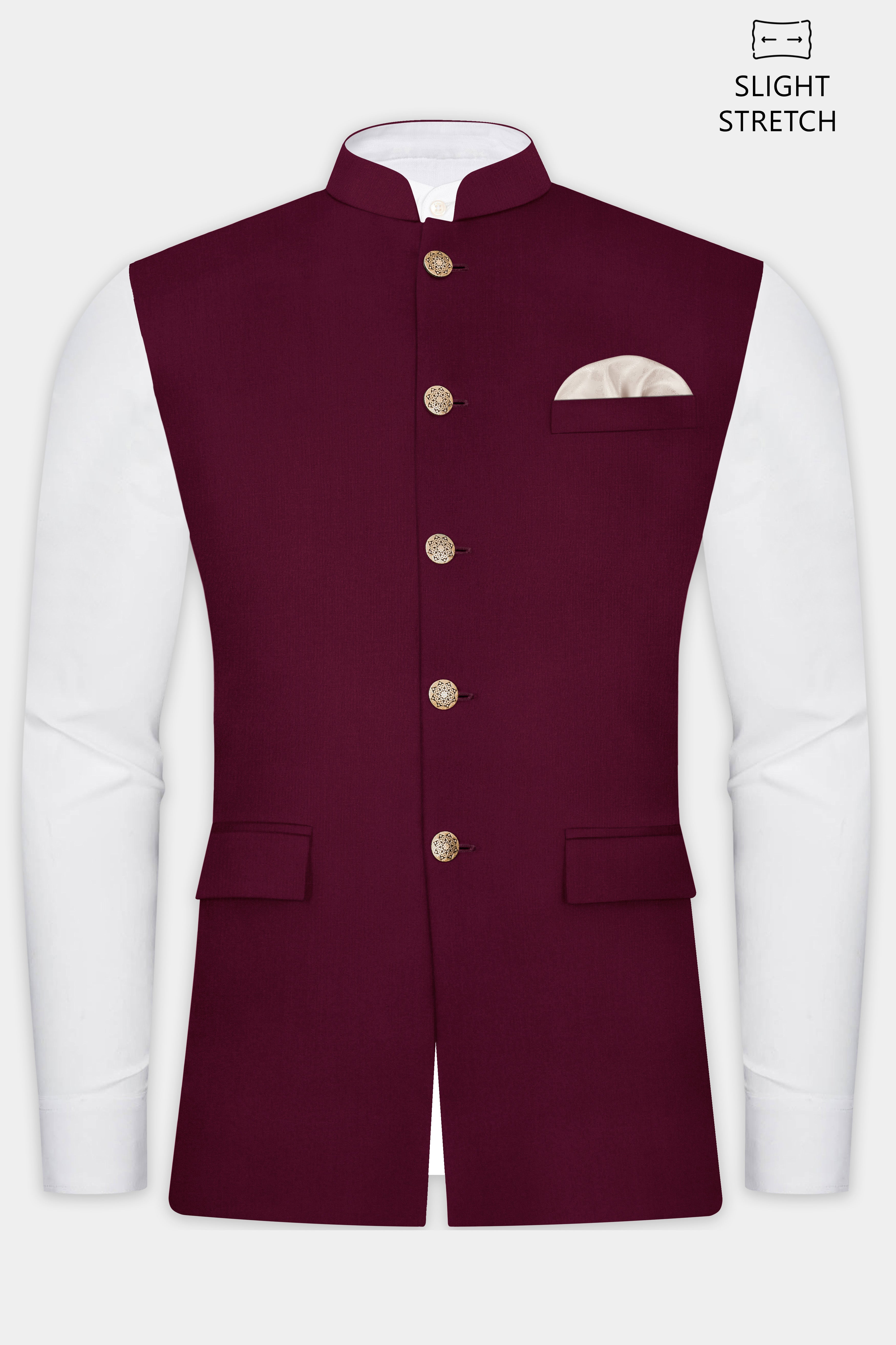 Regal Maroon-Tamarind Solid Wool Rich Slight Stretch Nehru Jacket