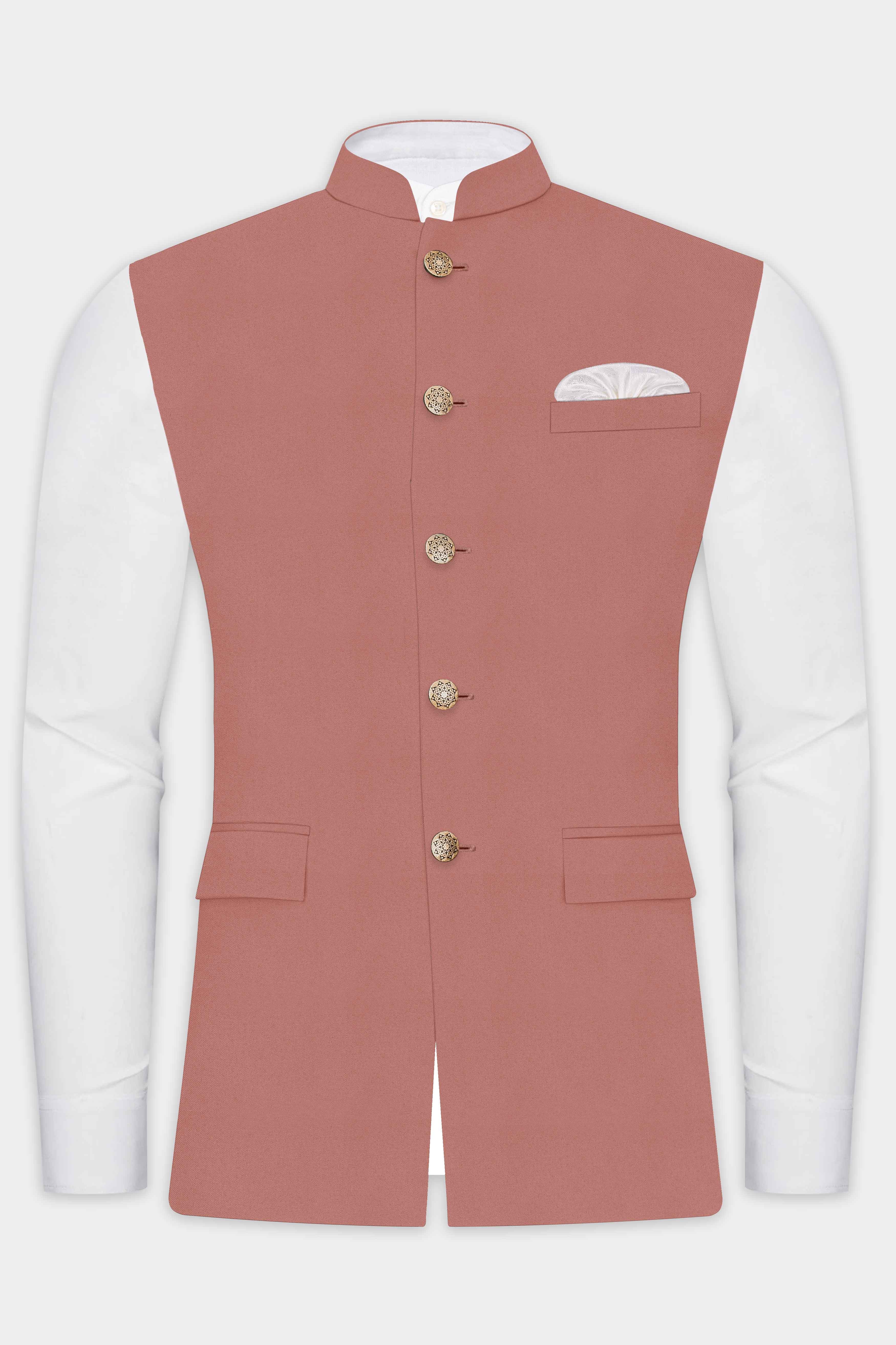 Apricot Crest-Coral tree Peach Solid Tweed Nehru Jacket