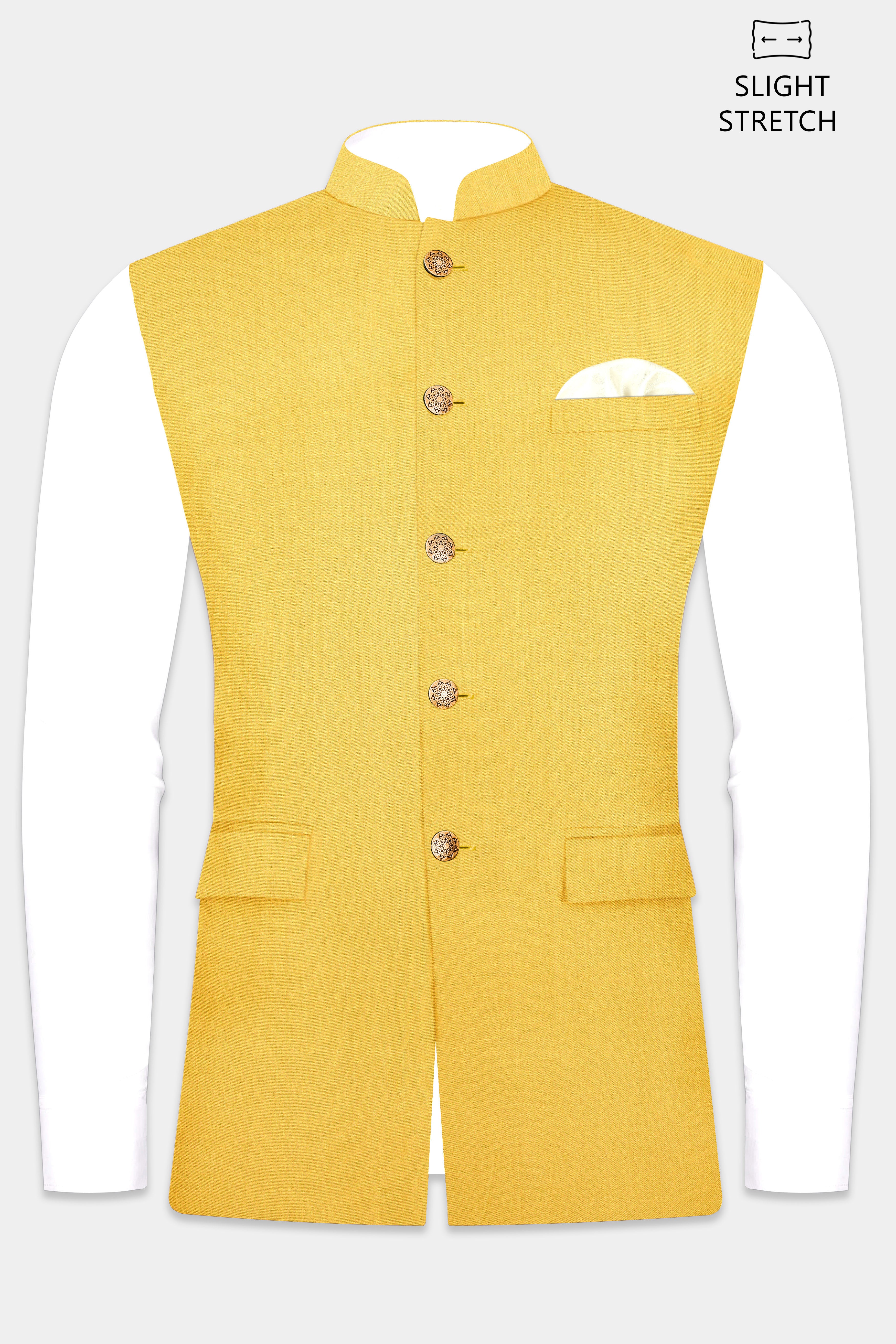 Saffron Elegance-Lemon Yellow Solid Wool Rich Slight Stretch Nehru Jacket