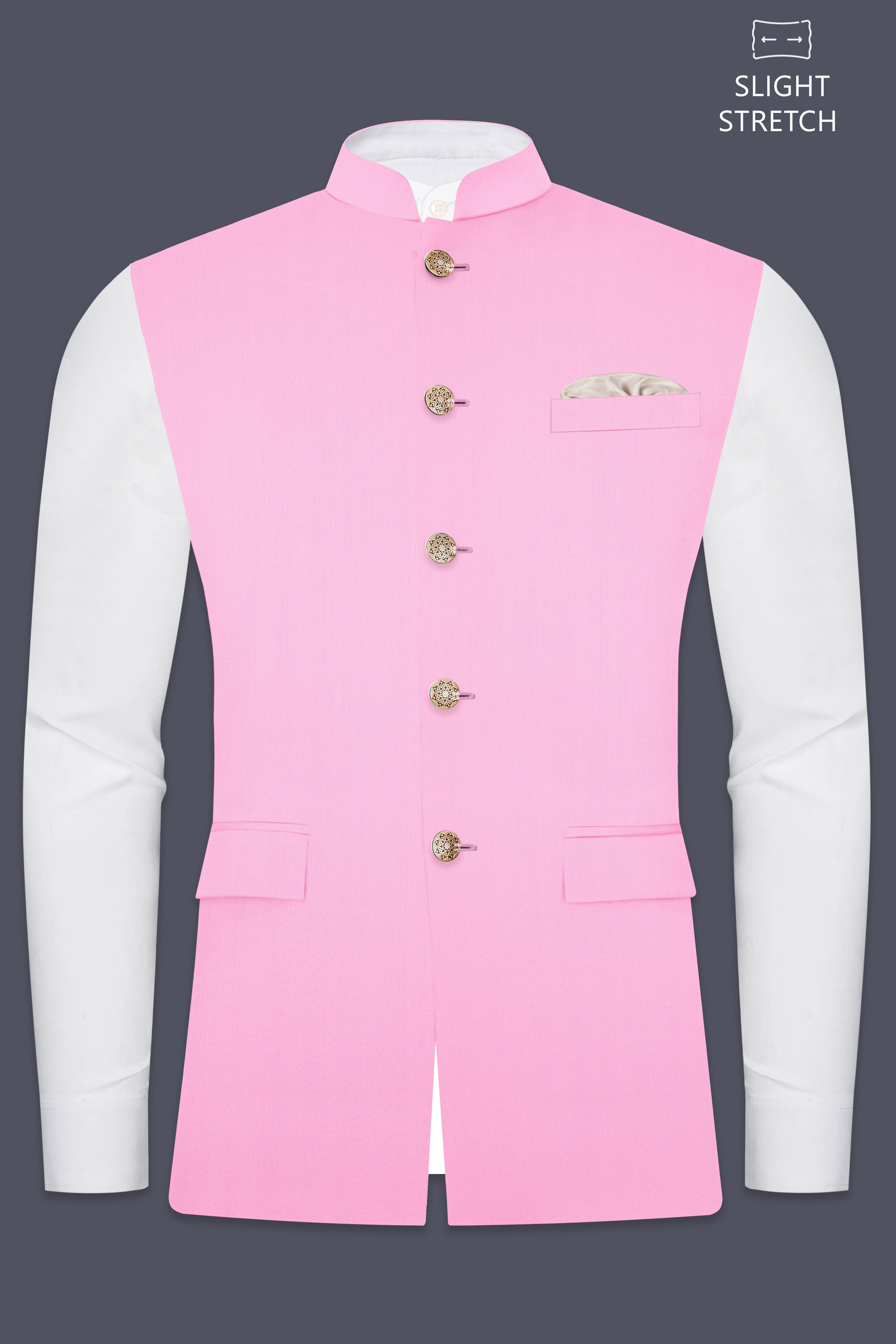 Rosé Reverie-Pestel Pink Solid Wool Rich Slight Stretch Nehru Jacket