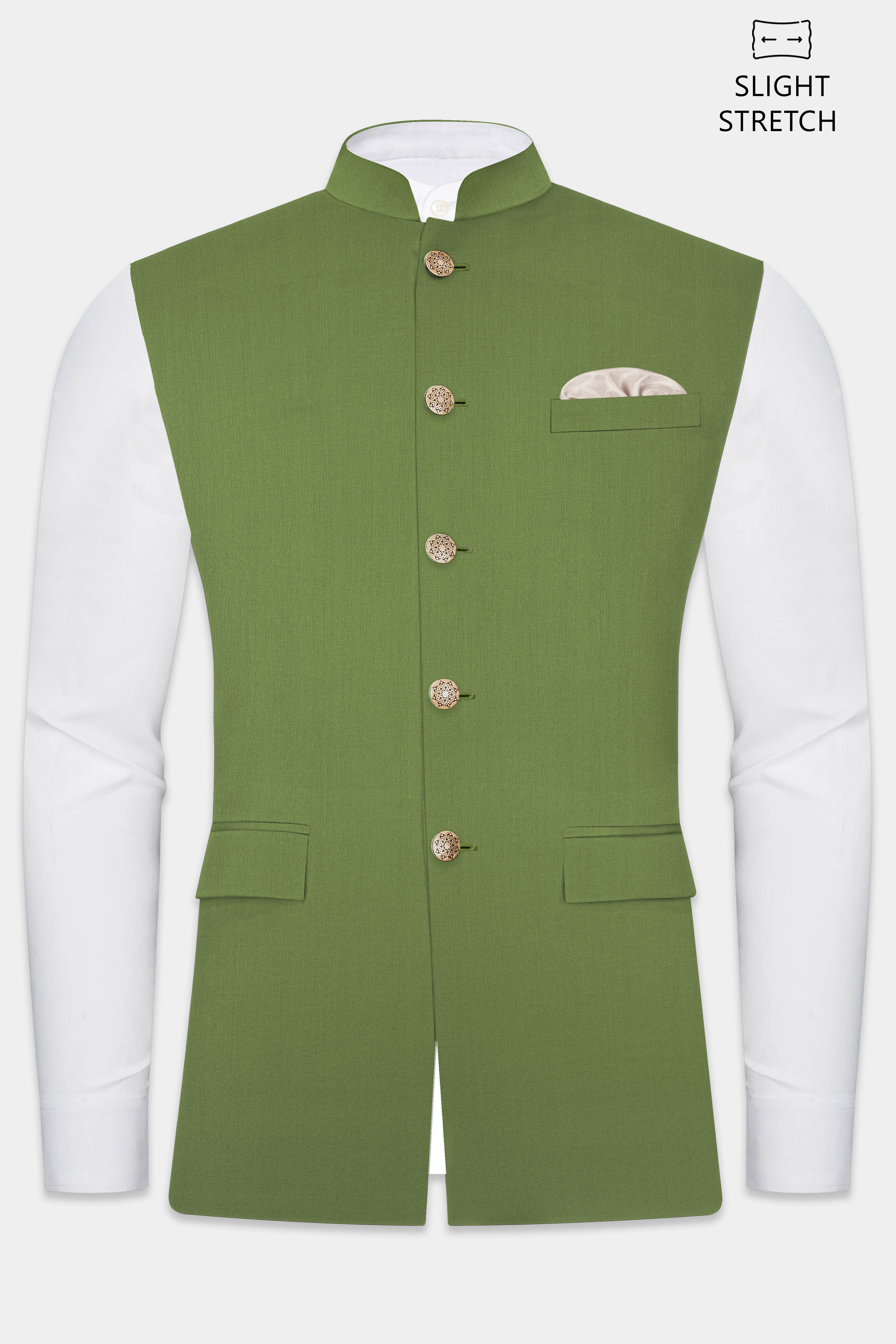 Sage Regal-Dingley Green Solid Wool Rich Slight Stretch Nehru Jacket