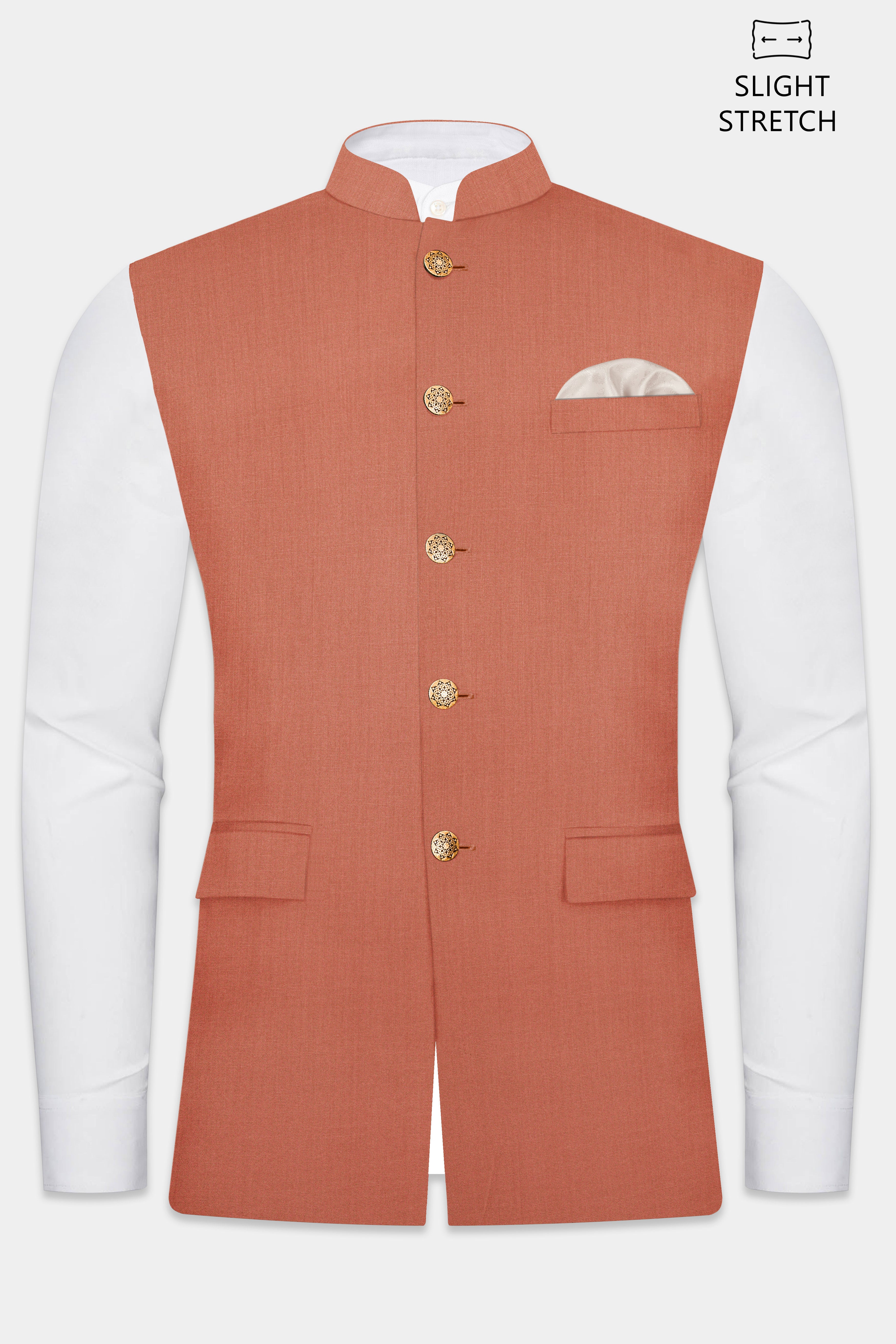 Spiced Sunset-Salmon Orange Solid Wool Rich Slight Stretch Nehru Jacket