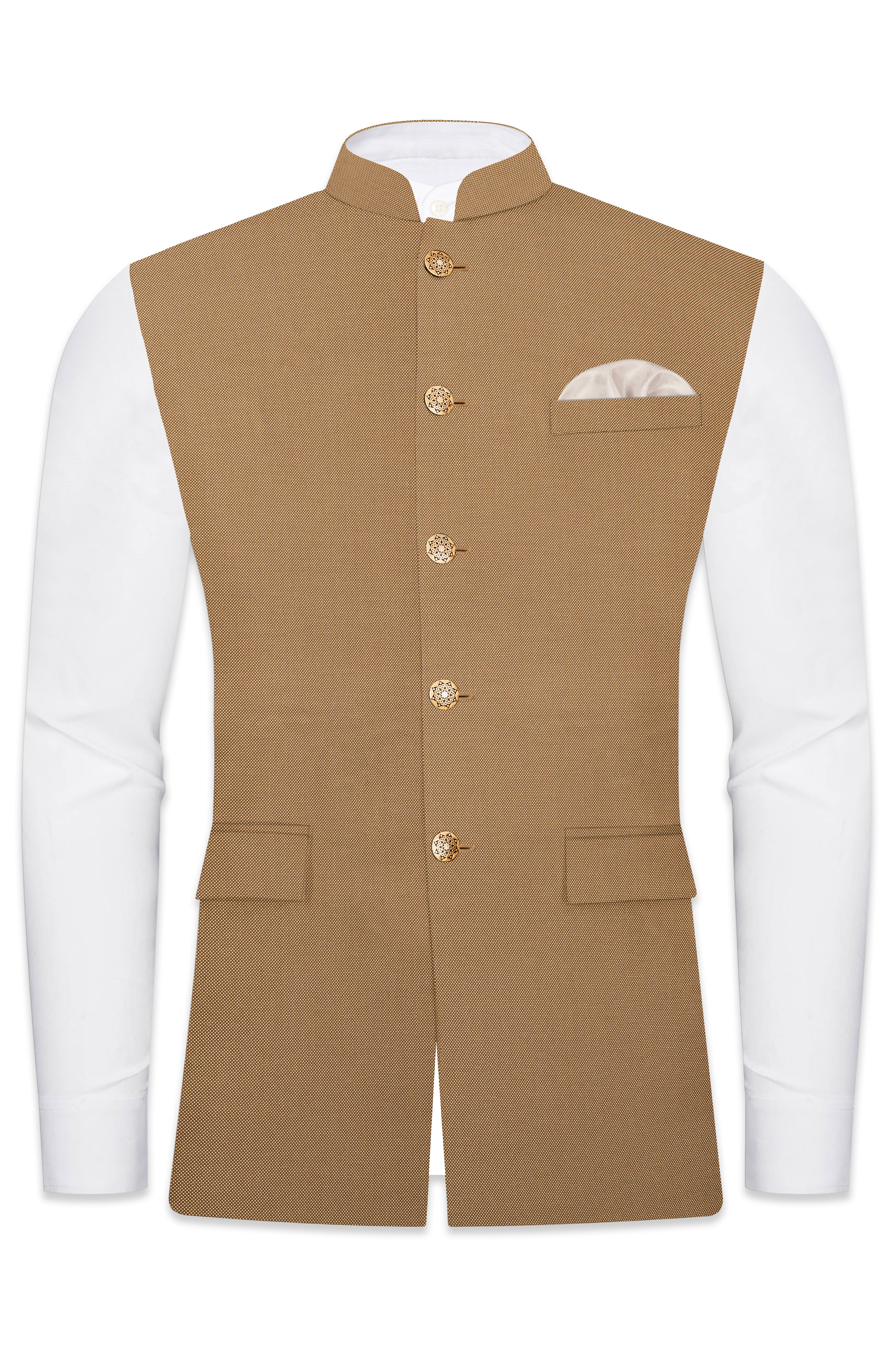 Aurenzo-Muesli Brown Textured Wool Rich Nehru Jacket
