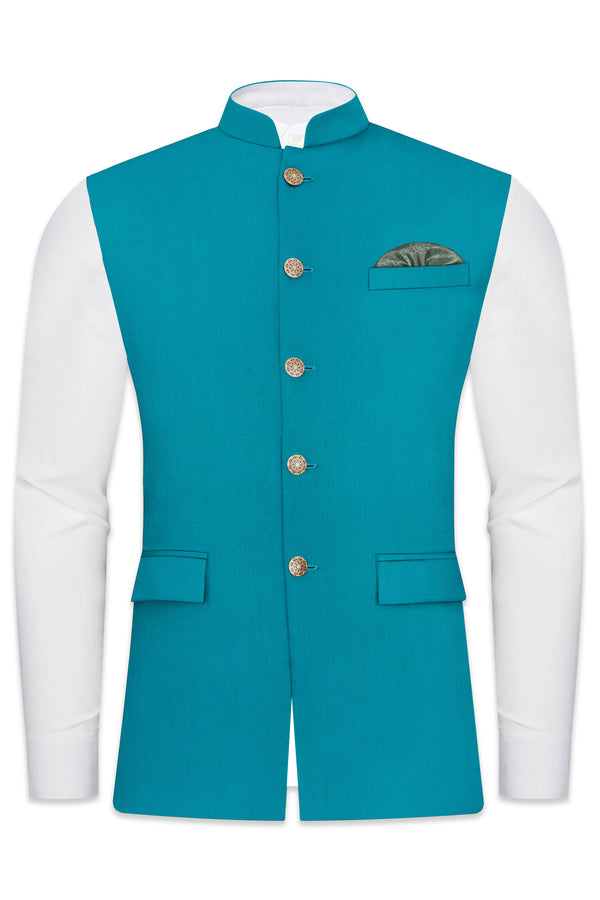 Zephir-Surfie Green Wool Rich Slight Stretch Nehru Jacket