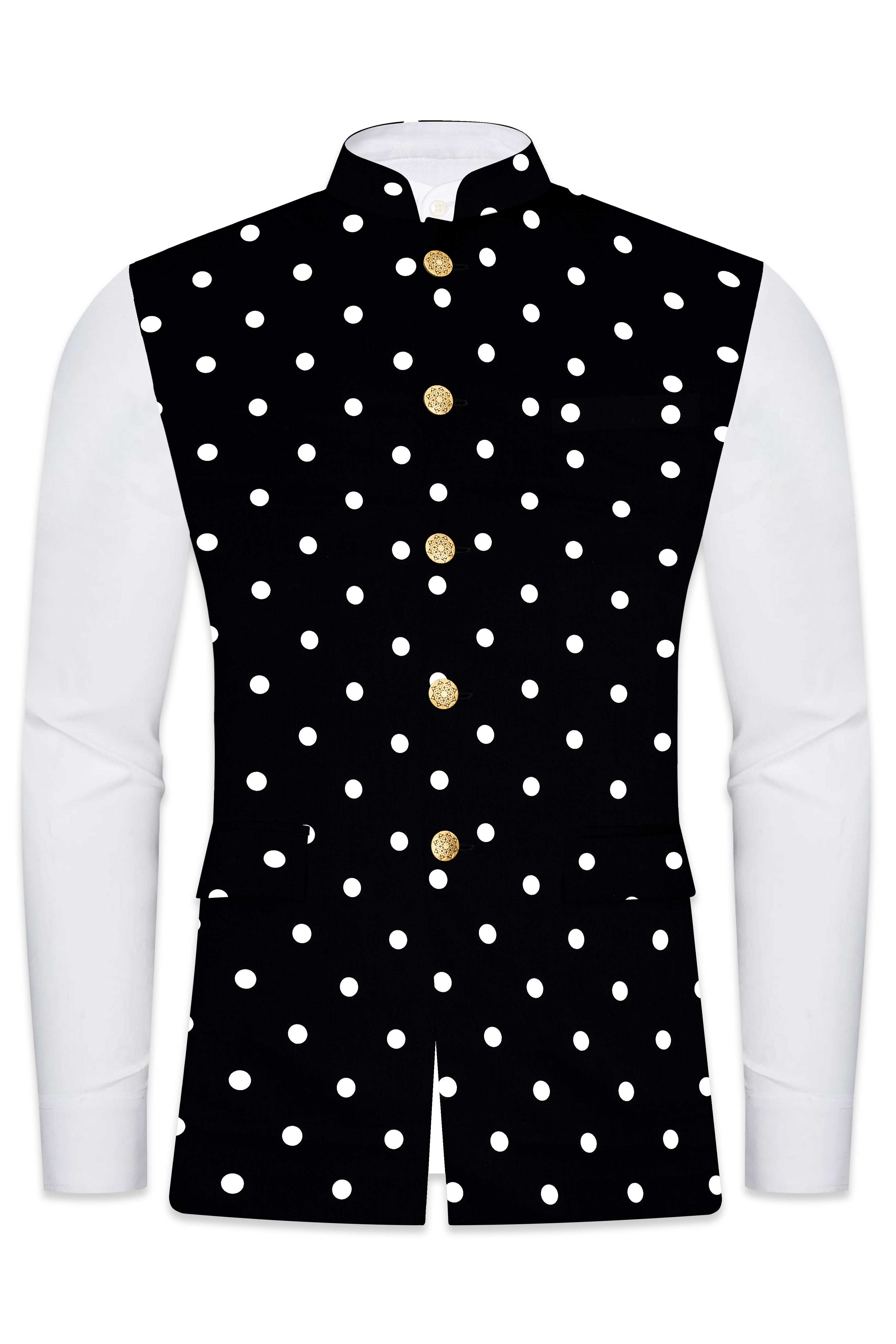 Noirdot-Jade Black Polka Dotted Premium Cotton Nehru Jacket