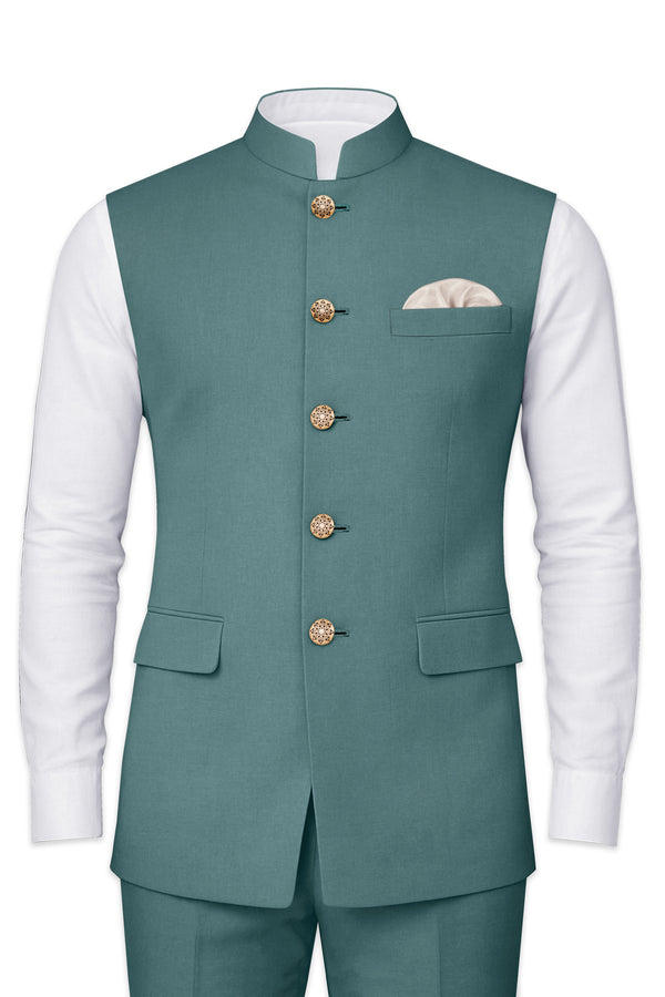 Travliam-William Green Wool Rich Wool Rich Slight Stretch Nehru Jacket