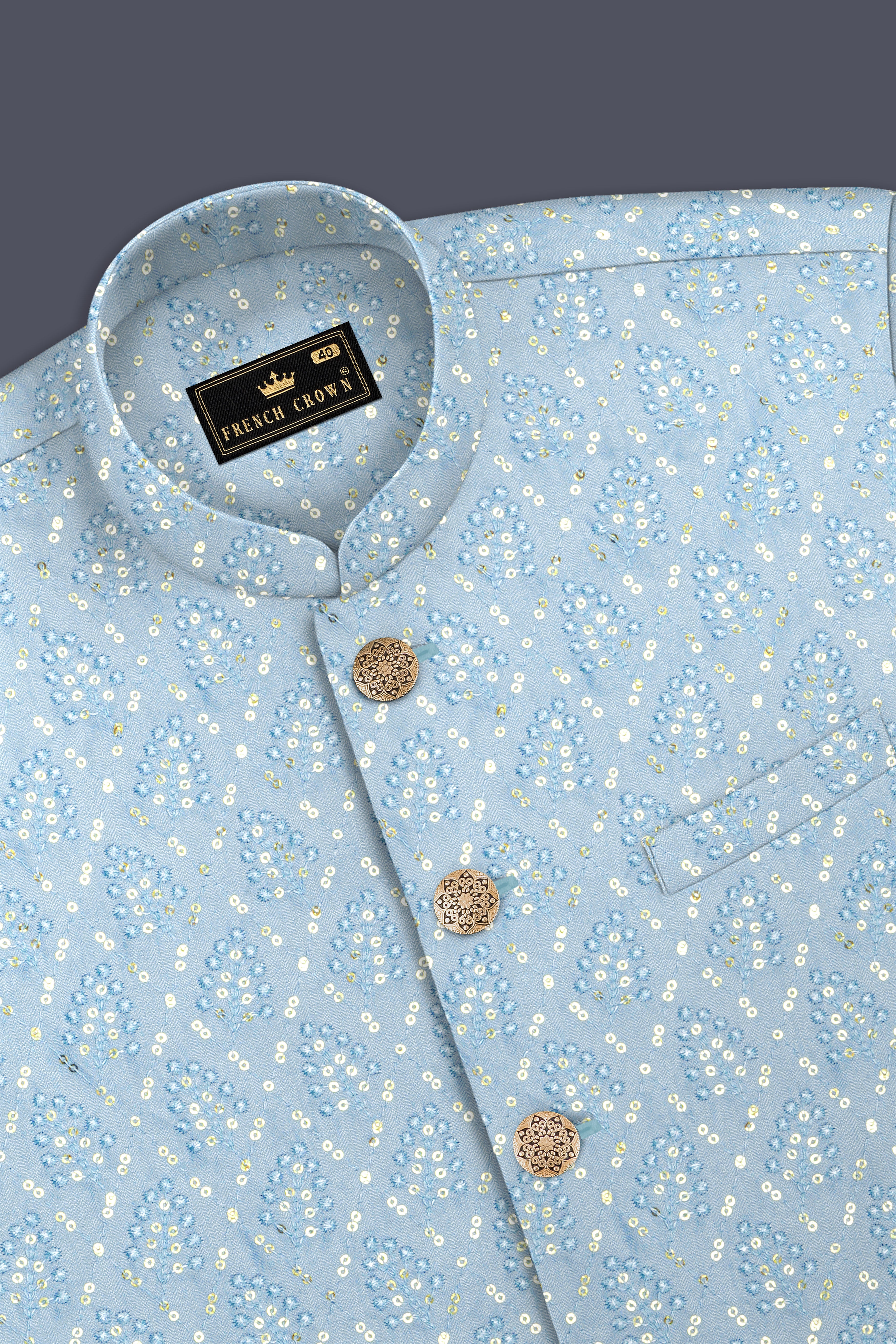 Azurora-Carolina Blue Thread and Sequin Embroidered Designer Nehru Jacket