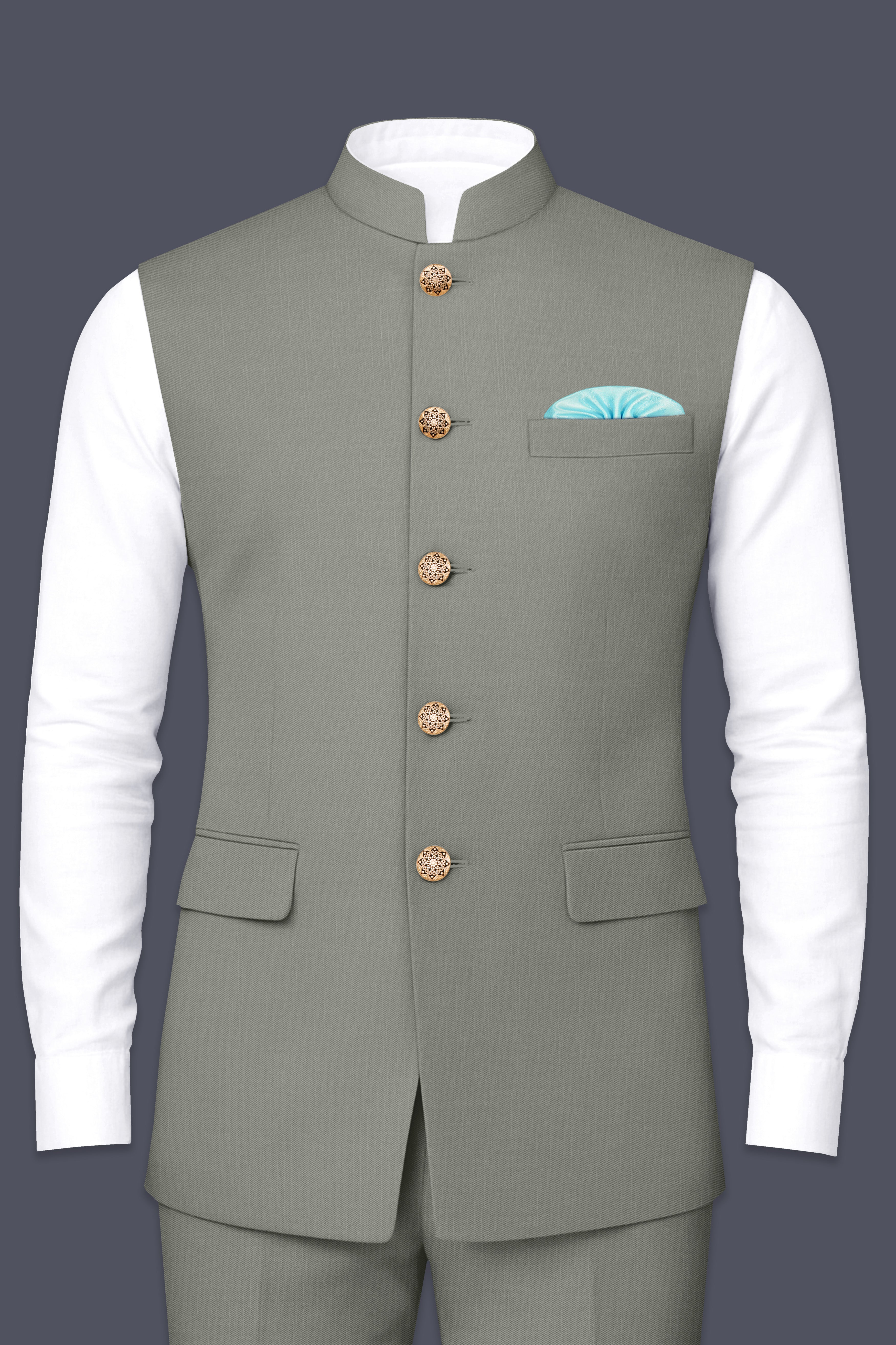 Verdure-Sage Green Wool Rich Slight Stretch Nehru Jacket