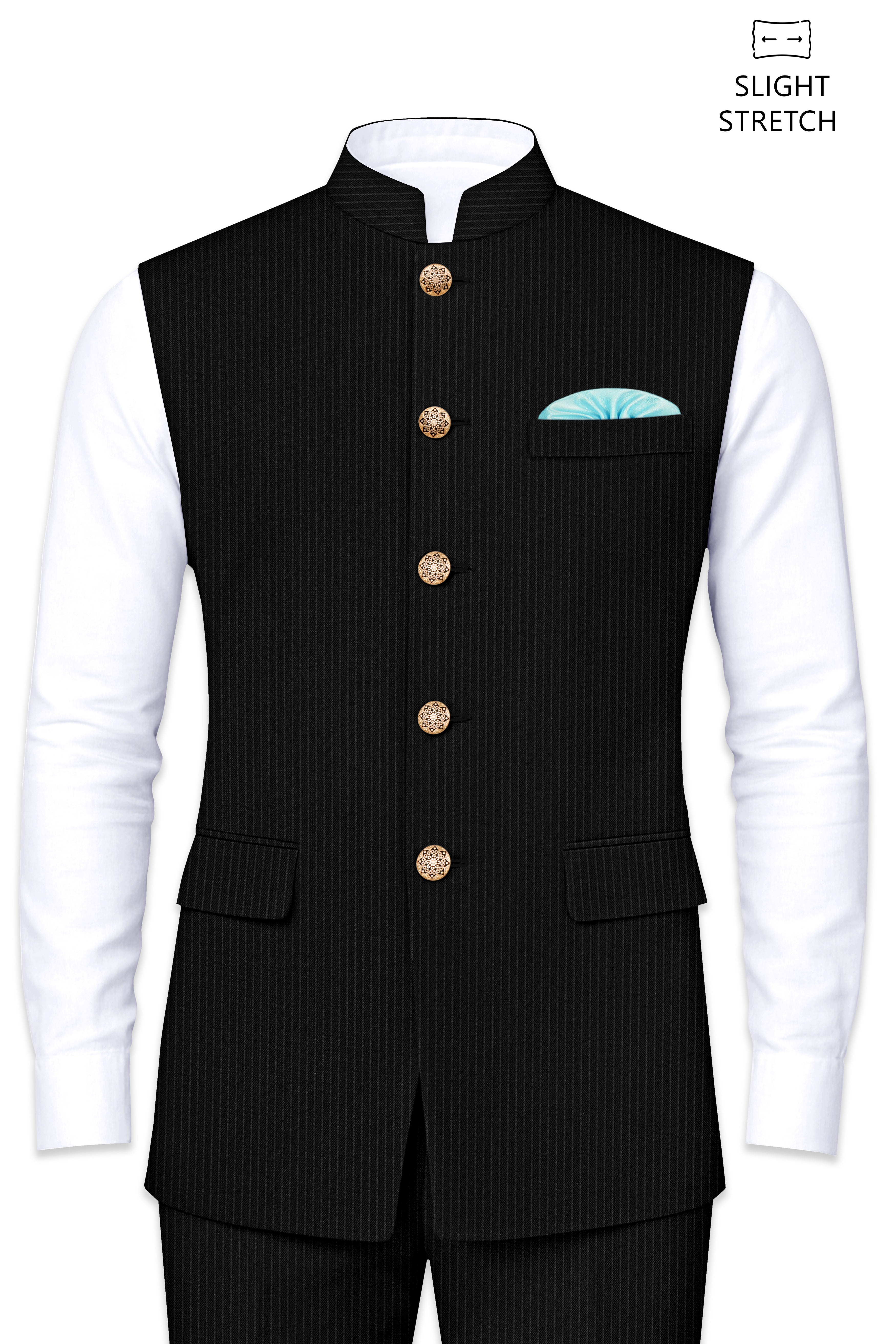 Aurejax-Jade Black Pencil Striped Wool Rich Slight Stretch Nehru Jacket