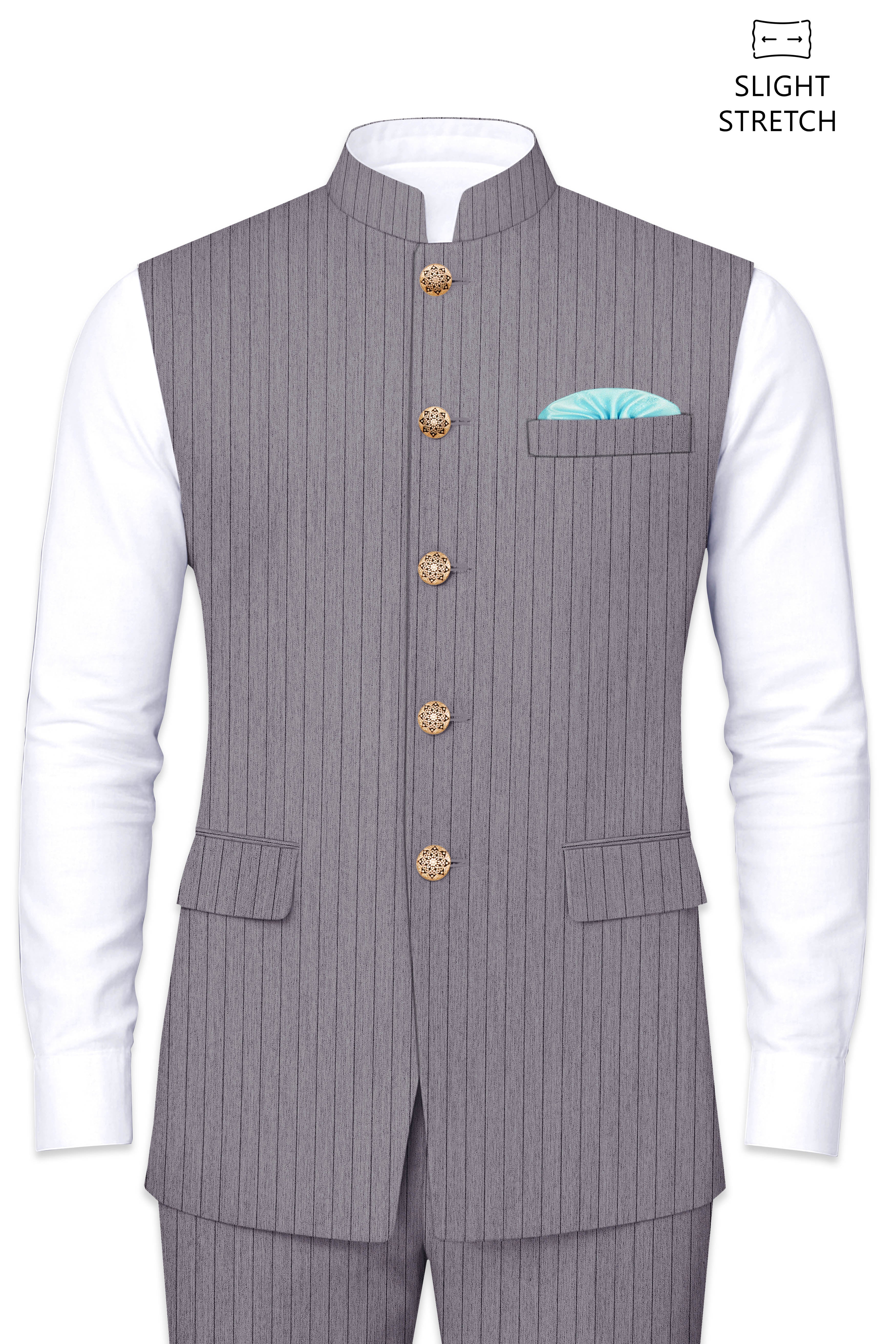 Velmoro-Mauve Gray Pin Striped Wool Rich Slight Stretch Nehru Jacket