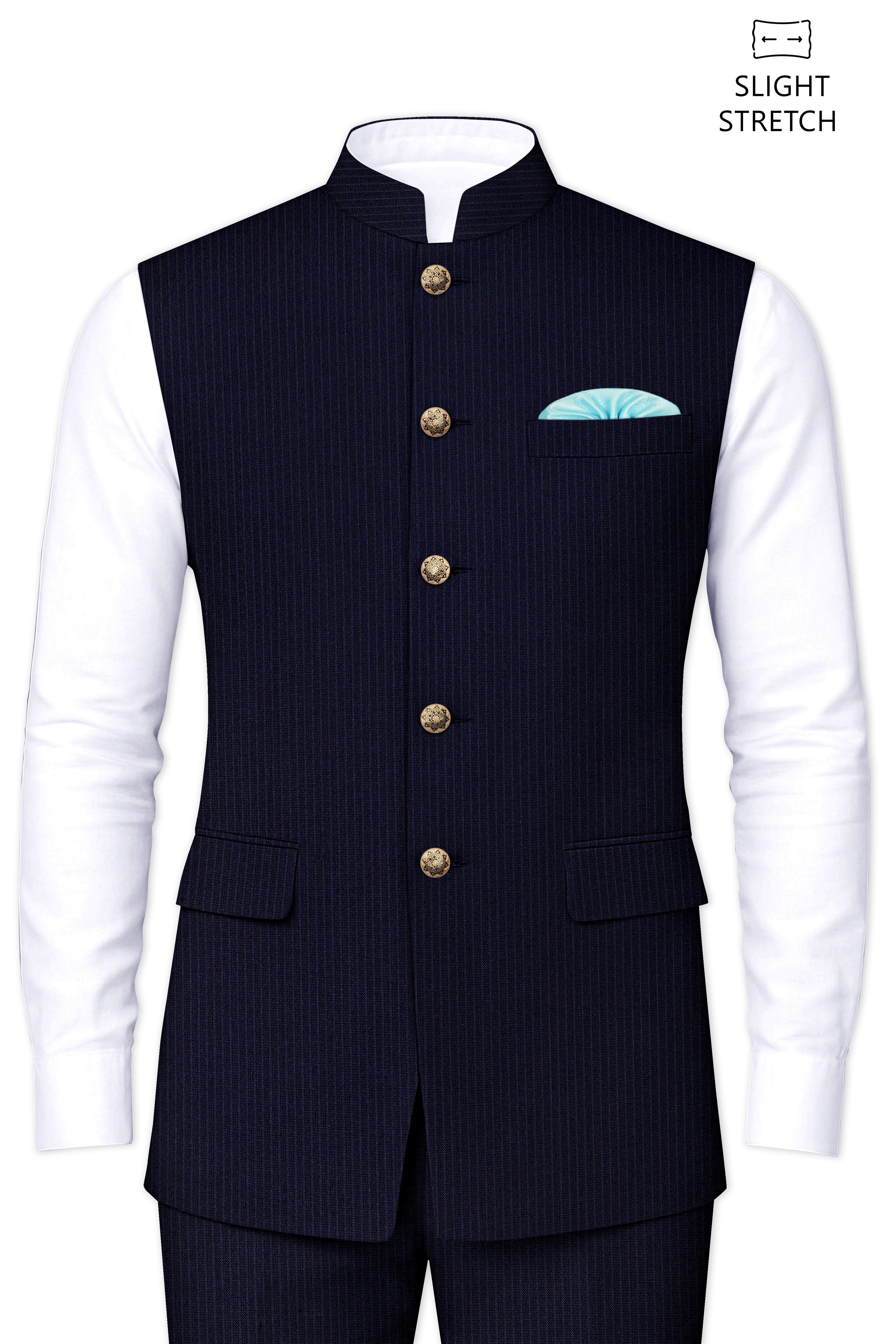 Elion-Bunker Blue Pencil Striped Wool Rich Slight Stretch Nehru Jacket