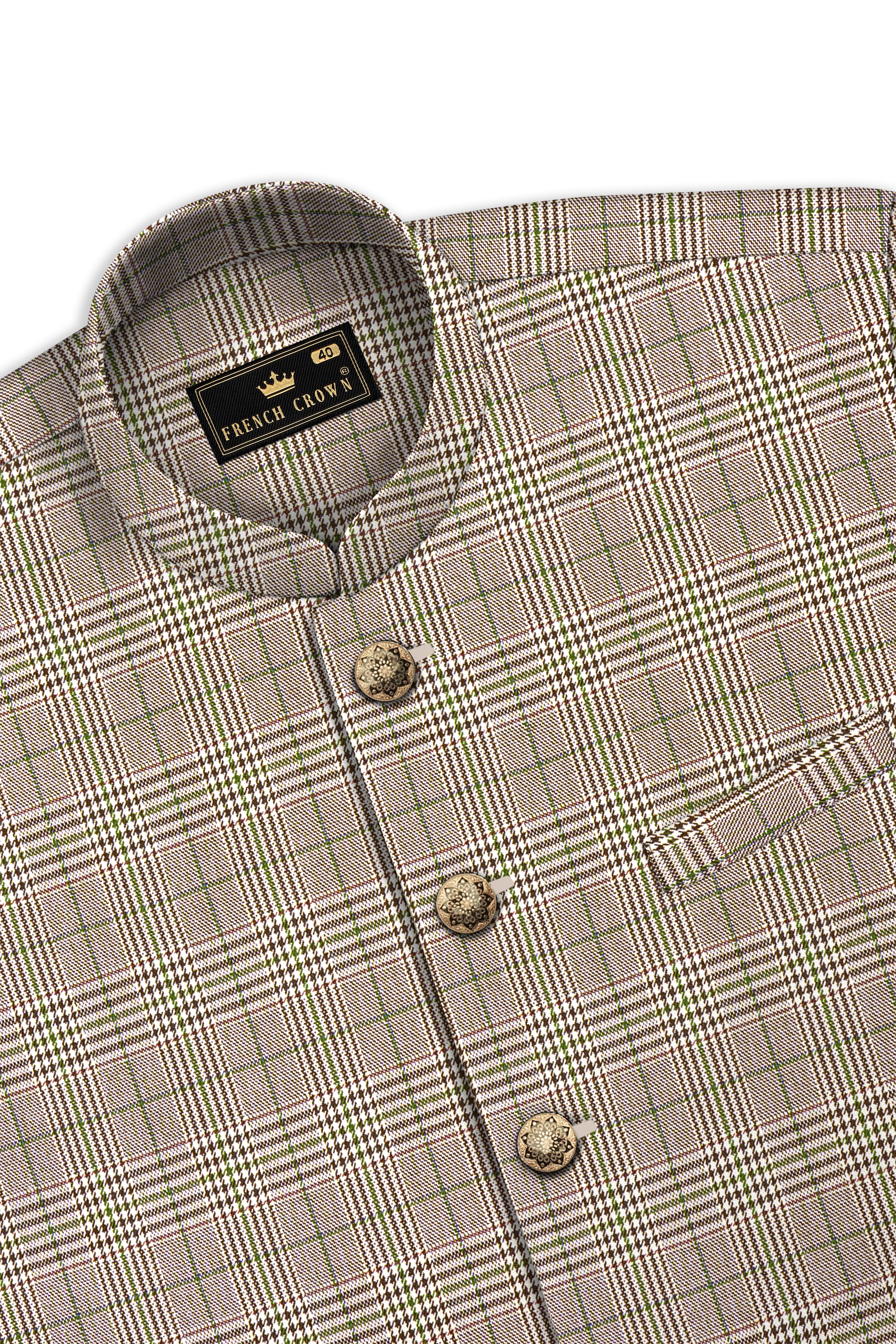Nawab-Tundora Brown Plaid Wool Rich Nehru Jackets