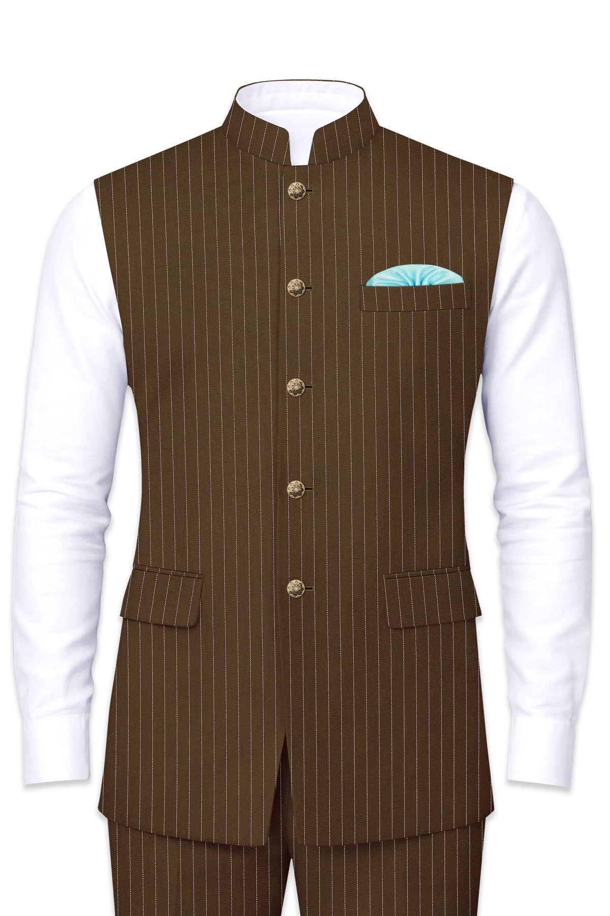 Sable-Antique Brown Chalk Striped Wool Rich Wrinkle-Free Fluid Drape Fabric Nehru Jackets