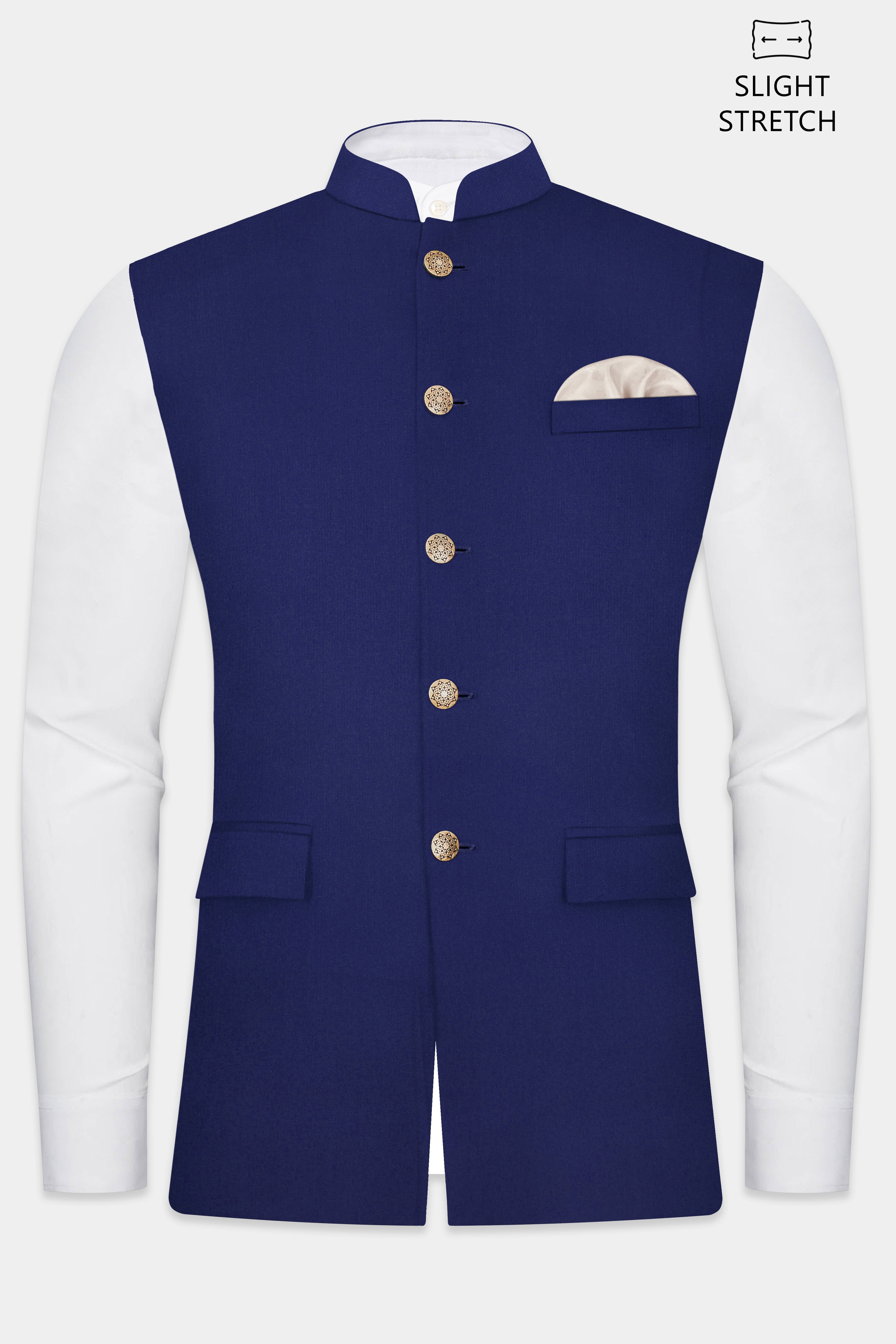 Celestia- Blue Solid Wool Rich Slight Stretch Nehru Jacket
