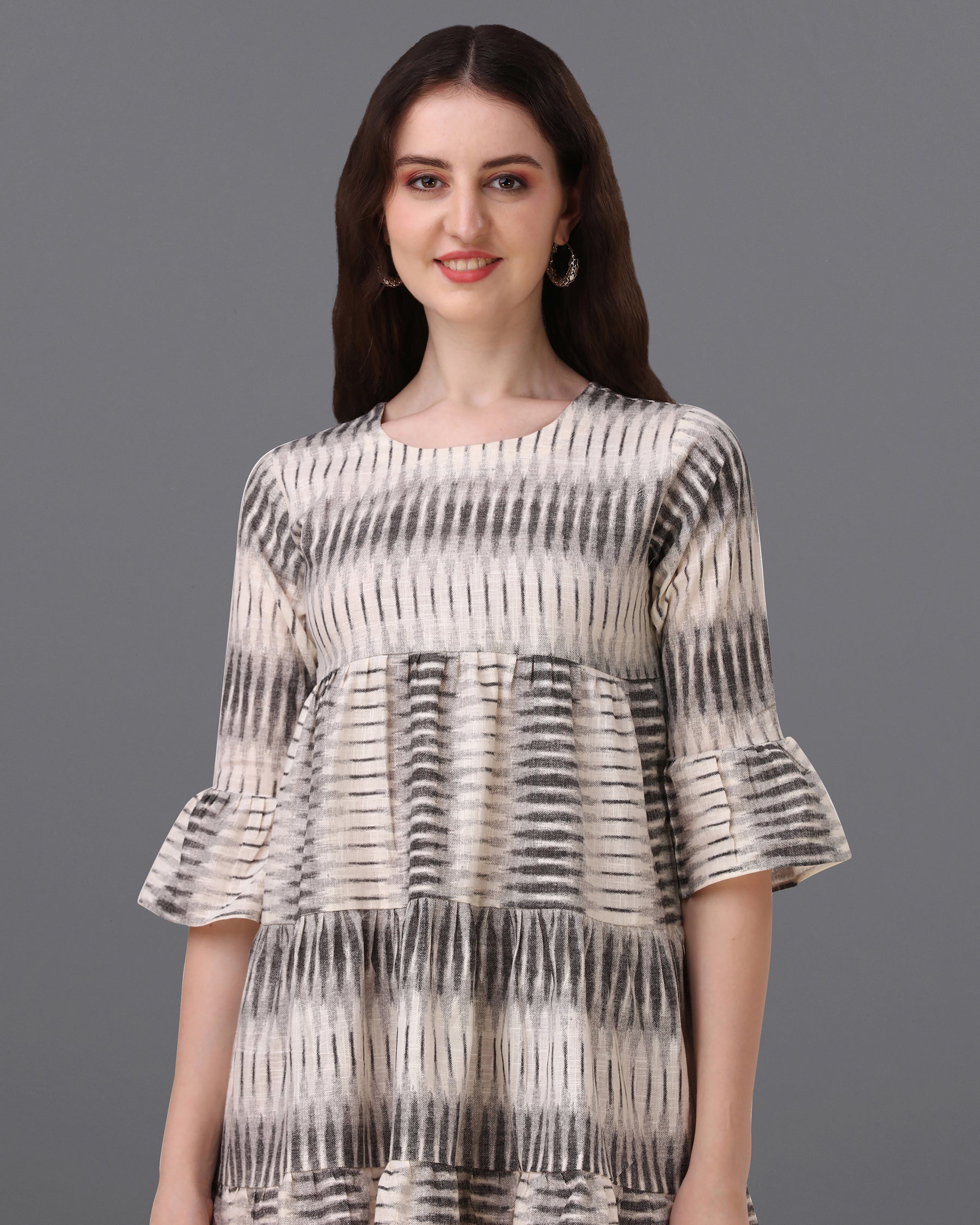 Timberwolf Cream with Scorpion Brown Super Soft Premium Cotton Thigh Length Dress WD034-32, WD034-34, WD034-36, WD034-38, WD034-40, WD034-42