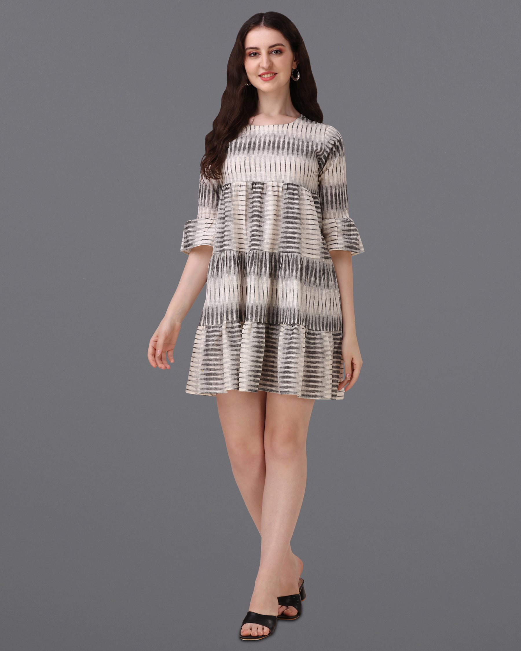 Timberwolf Cream with Scorpion Brown Super Soft Premium Cotton Thigh Length Dress WD034-32, WD034-34, WD034-36, WD034-38, WD034-40, WD034-42