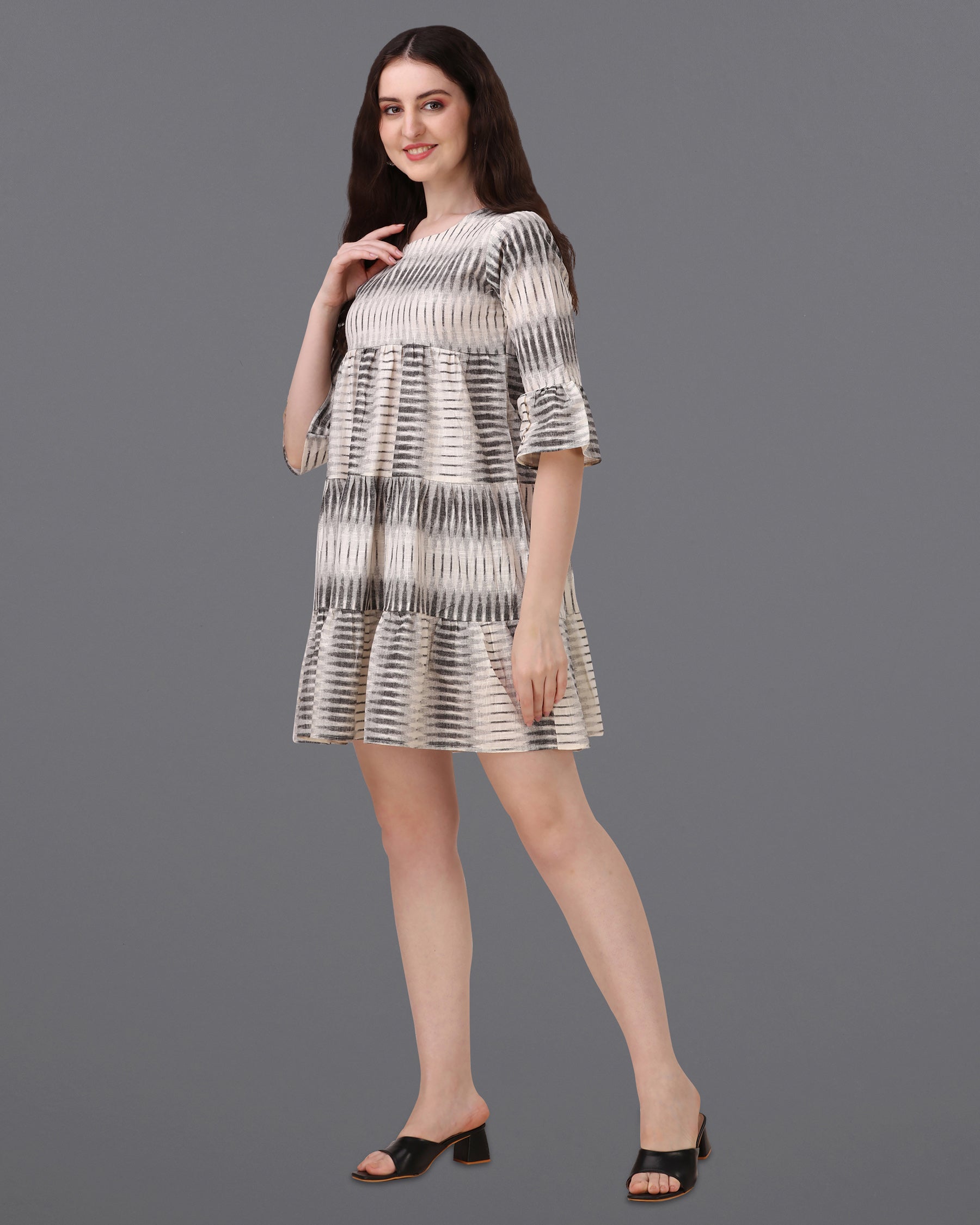 Timberwolf Cream with Scorpion Brown Super Soft Premium Cotton Thigh Length Dress WD034-32, WD034-34, WD034-36, WD034-38, WD034-40, WD034-42