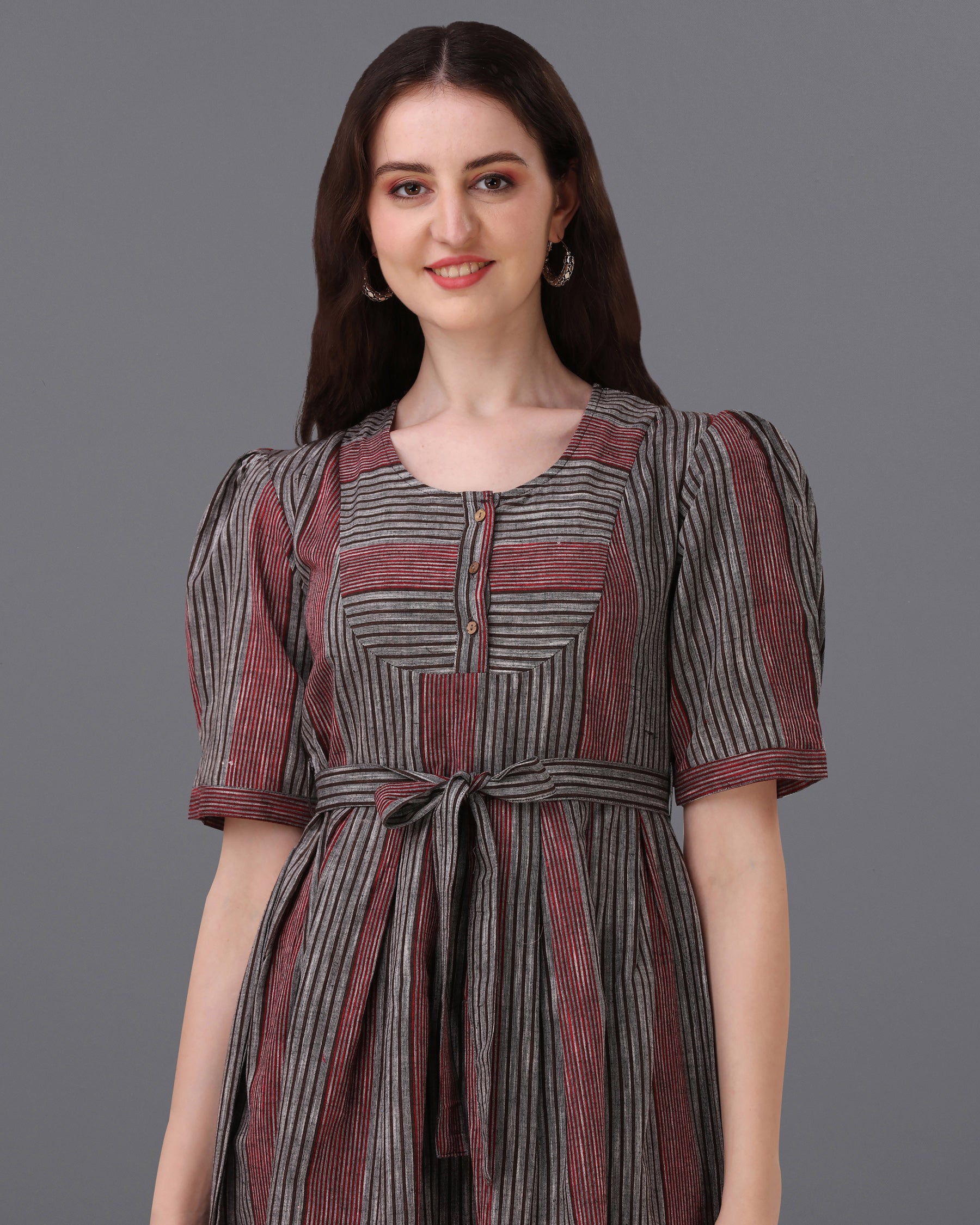 Granite Gray with Moccaccino Red Super Soft Premium Cotton Thigh Length Dress WD035-32, WD035-34, WD035-36, WD035-38, WD035-40, WD035-42