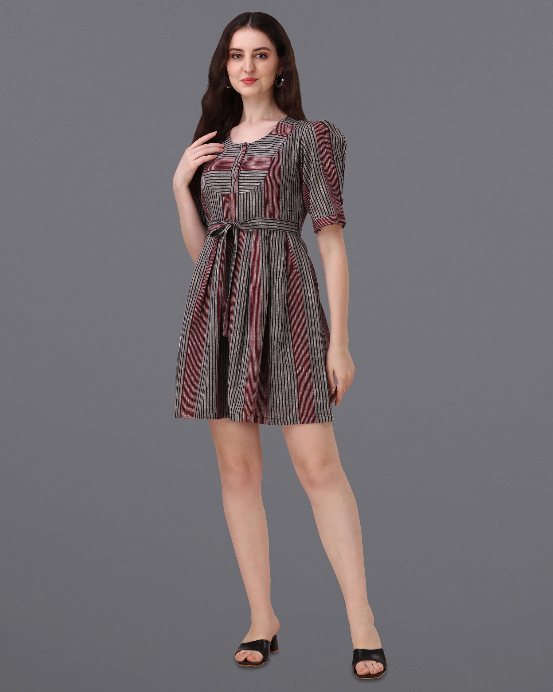 Granite Gray with Moccaccino Red Super Soft Premium Cotton Thigh Length Dress WD035-32, WD035-34, WD035-36, WD035-38, WD035-40, WD035-42