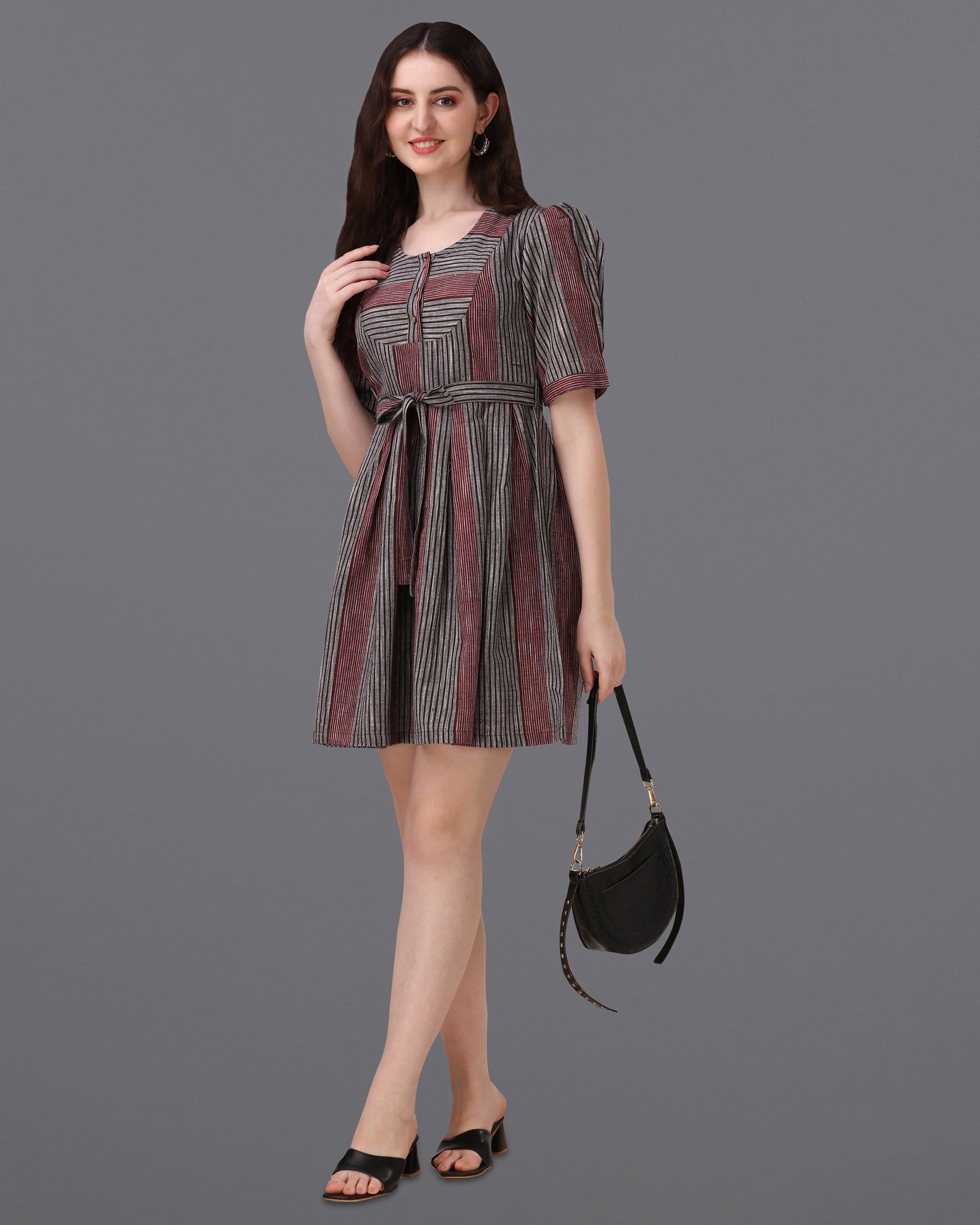 Granite Gray with Moccaccino Red Super Soft Premium Cotton Thigh Length Dress WD035-32, WD035-34, WD035-36, WD035-38, WD035-40, WD035-42