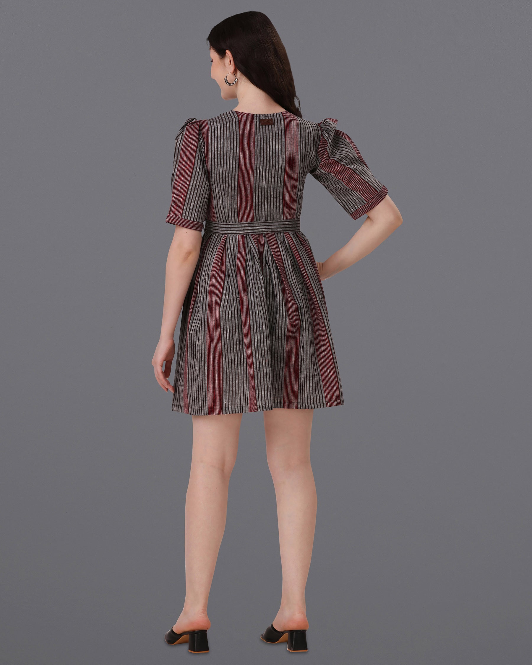 Granite Gray with Moccaccino Red Super Soft Premium Cotton Thigh Length Dress WD035-32, WD035-34, WD035-36, WD035-38, WD035-40, WD035-42