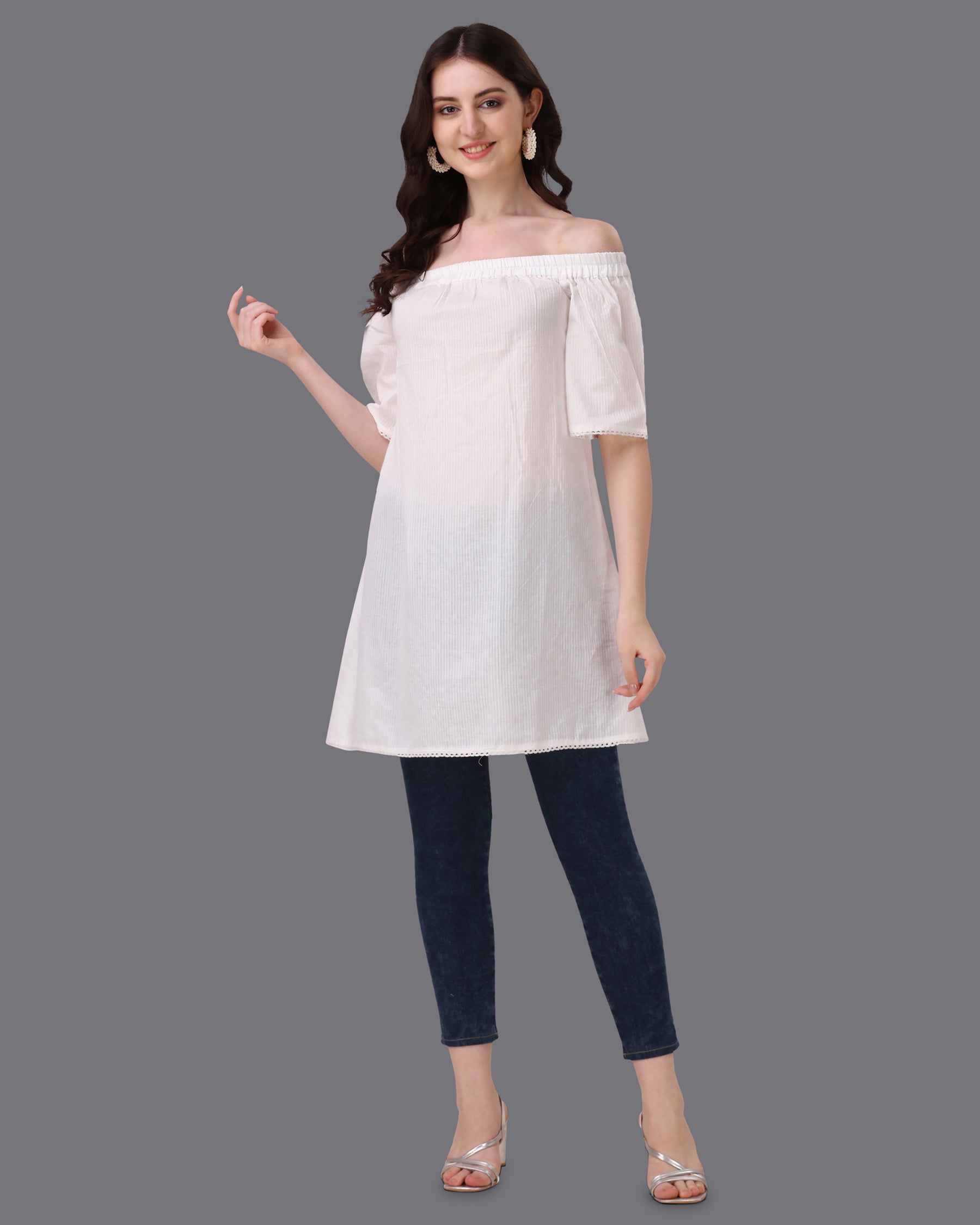 Bright White Pinstriped Super Soft Premium Cotton Off-shoulder Dress WD043-32, WD043-34, WD043-36, WD043-38, WD043-40, WD043-42