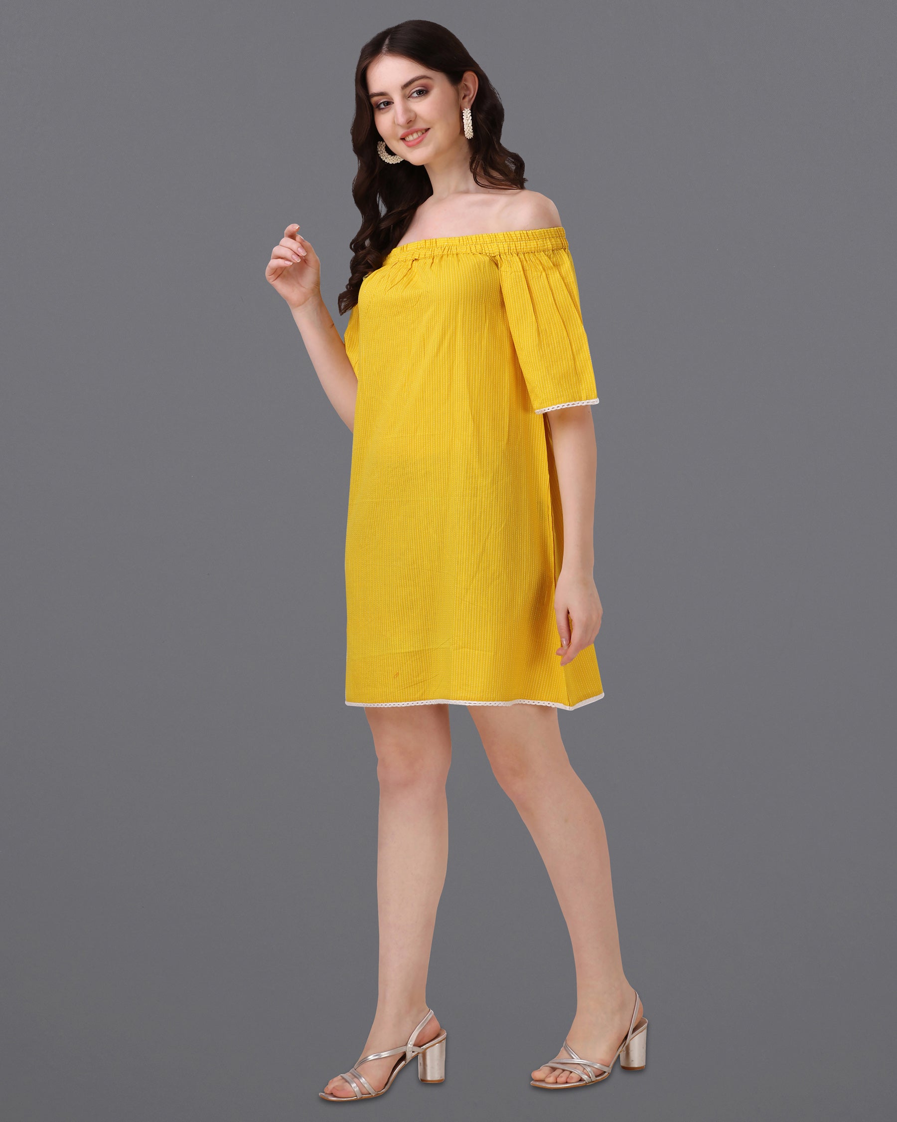 Macaroni Yellow Pinstriped Super Soft Premium Cotton Off-shoulder Dress WD044-32, WD044-34, WD044-36, WD044-38, WD044-40, WD044-42