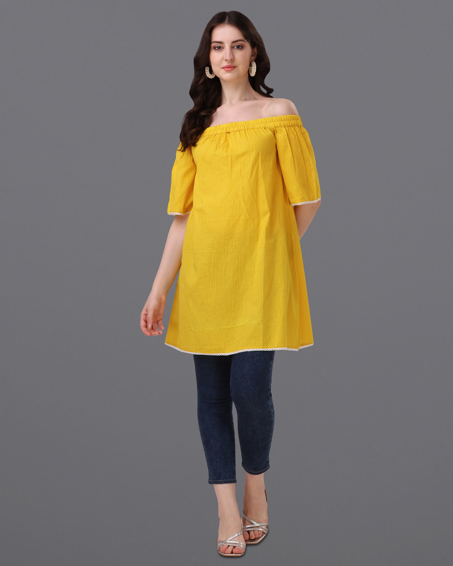 Macaroni Yellow Pinstriped Super Soft Premium Cotton Off-shoulder Dress WD044-32, WD044-34, WD044-36, WD044-38, WD044-40, WD044-42