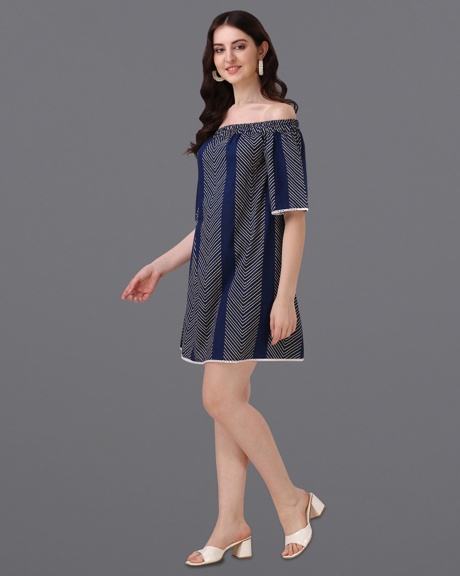 Ebony Clay Blue and Almond Geometric Print Super Soft Premium Cotton Off-shoulder Dress WD045-32, WD045-34, WD045-36, WD045-38, WD045-40, WD045-42