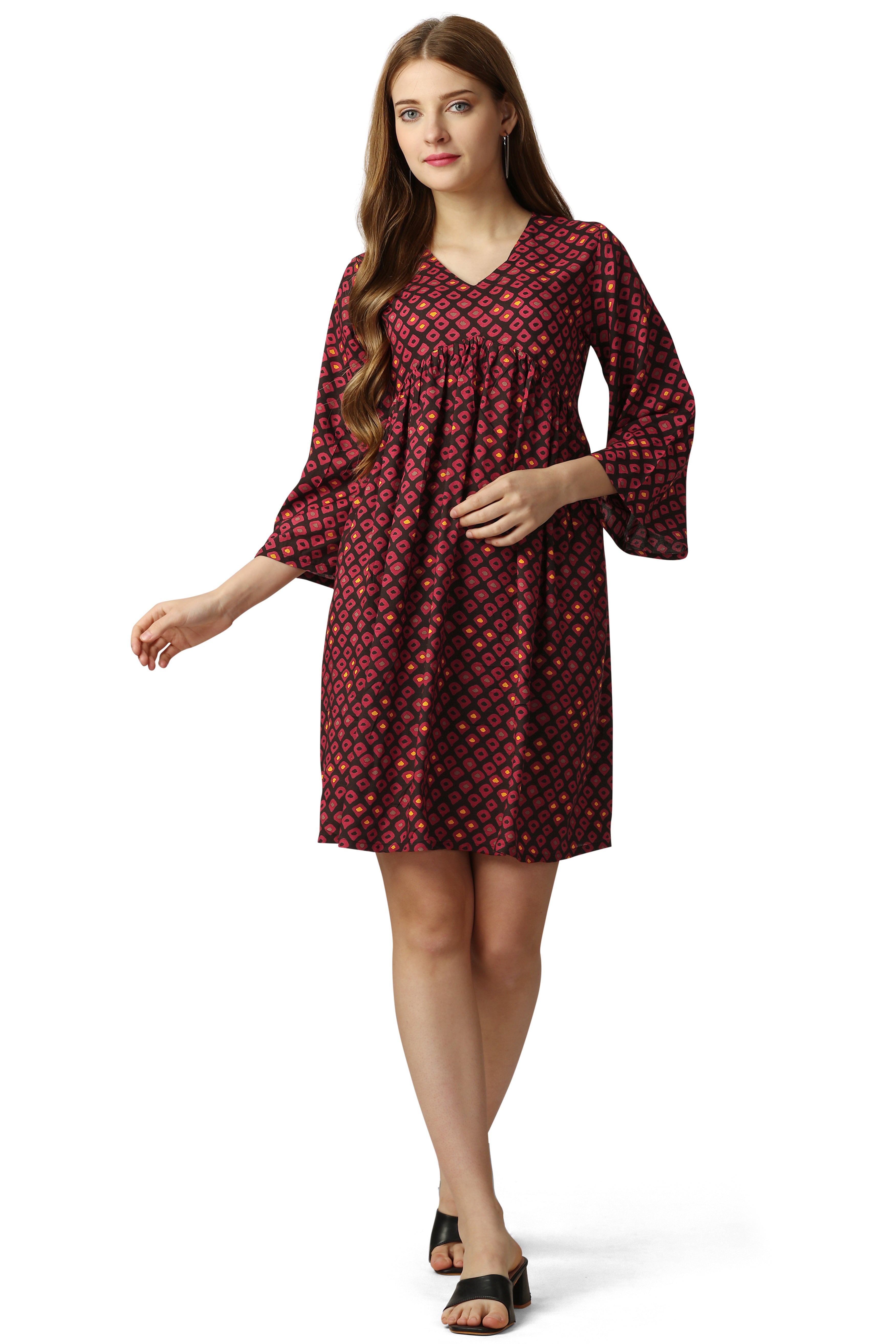 Deep Carmine Red with Jade Black Printed Dress