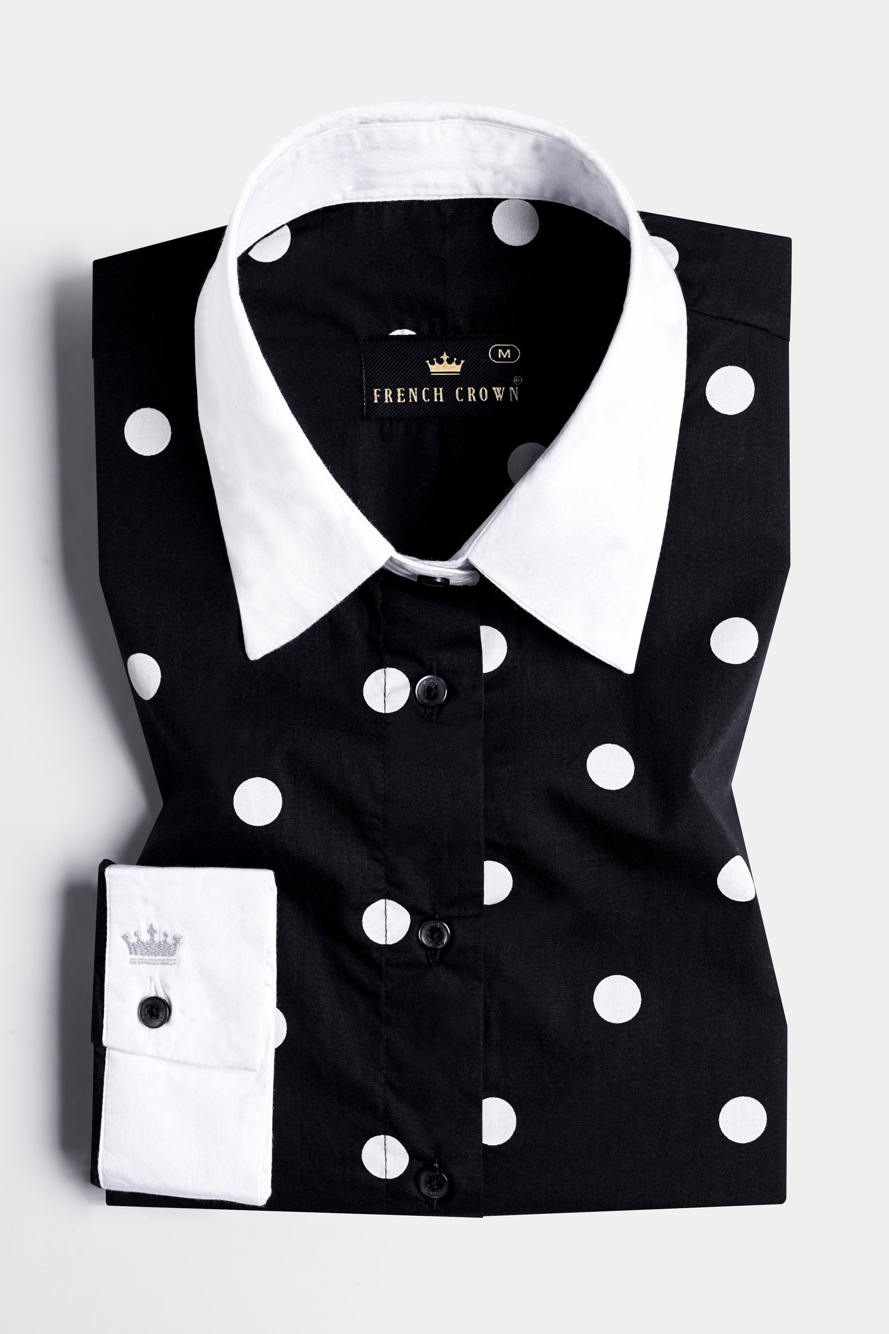 Jade Black and White Polka Dots Premium Cotton Shirt With White Cuffs and Collar