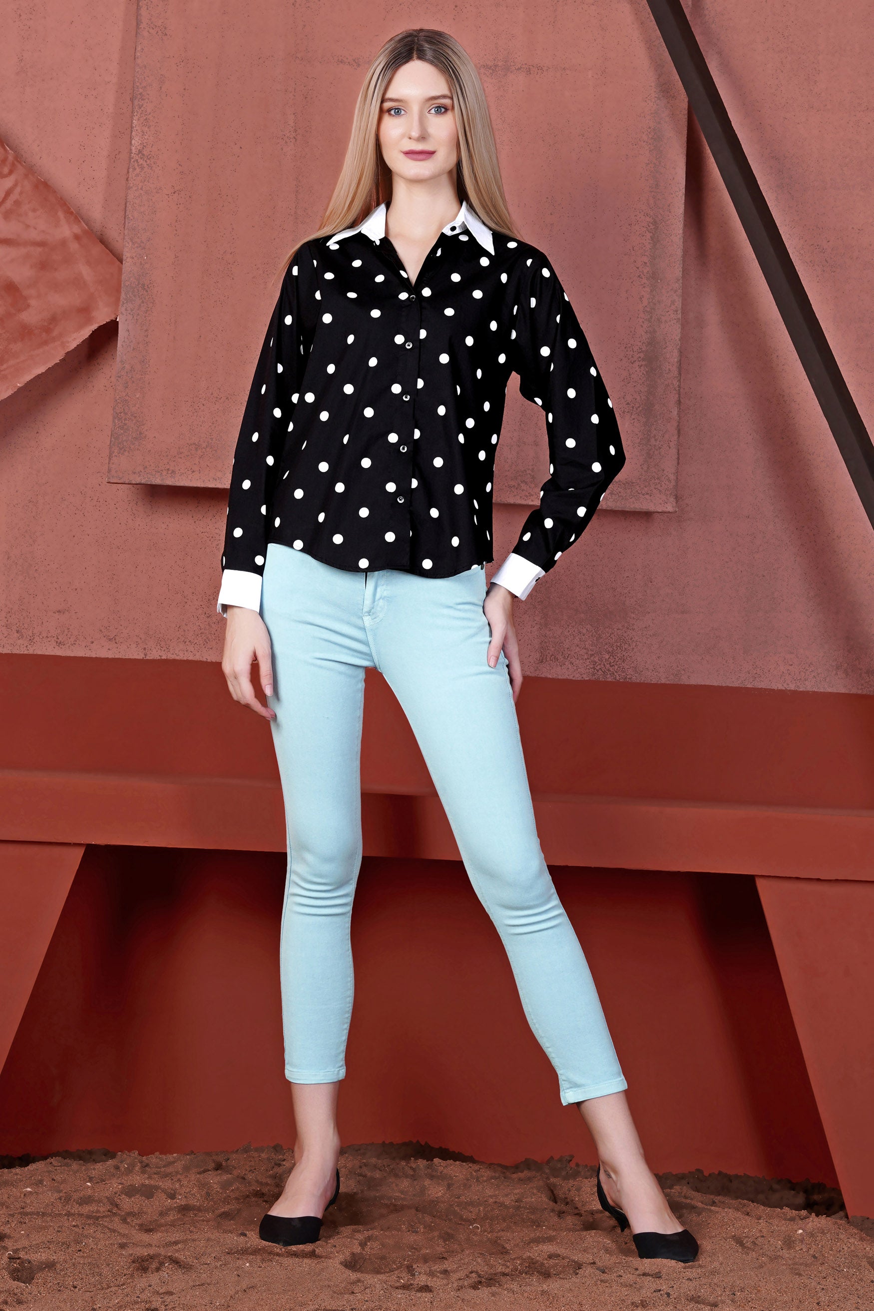 Jade Black and White Polka Dots Premium Cotton Shirt With White Cuffs and Collar