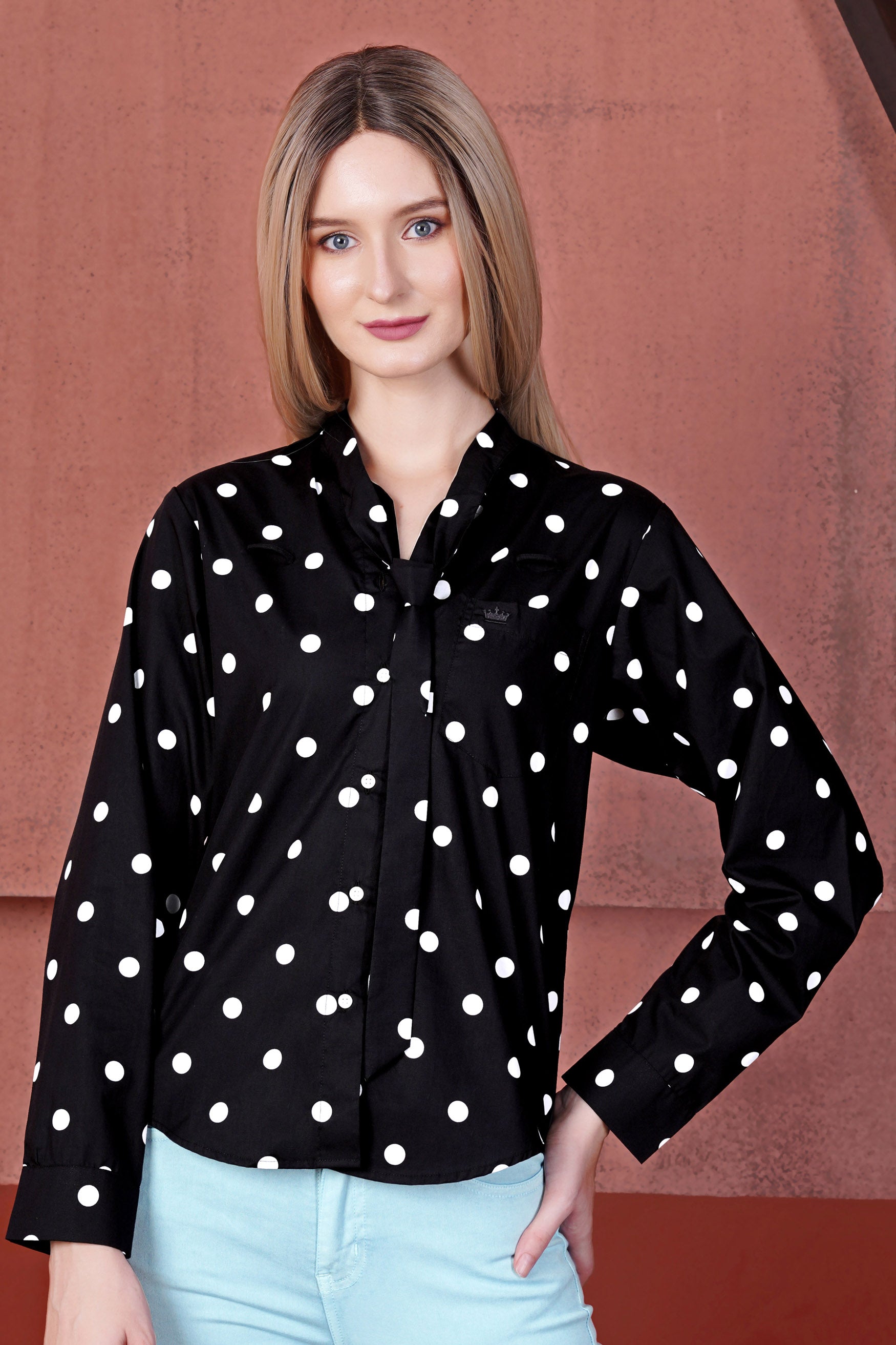 Jade Black and Bright White Polka Dots Premium Cotton Shirt With Tie-up Neck
