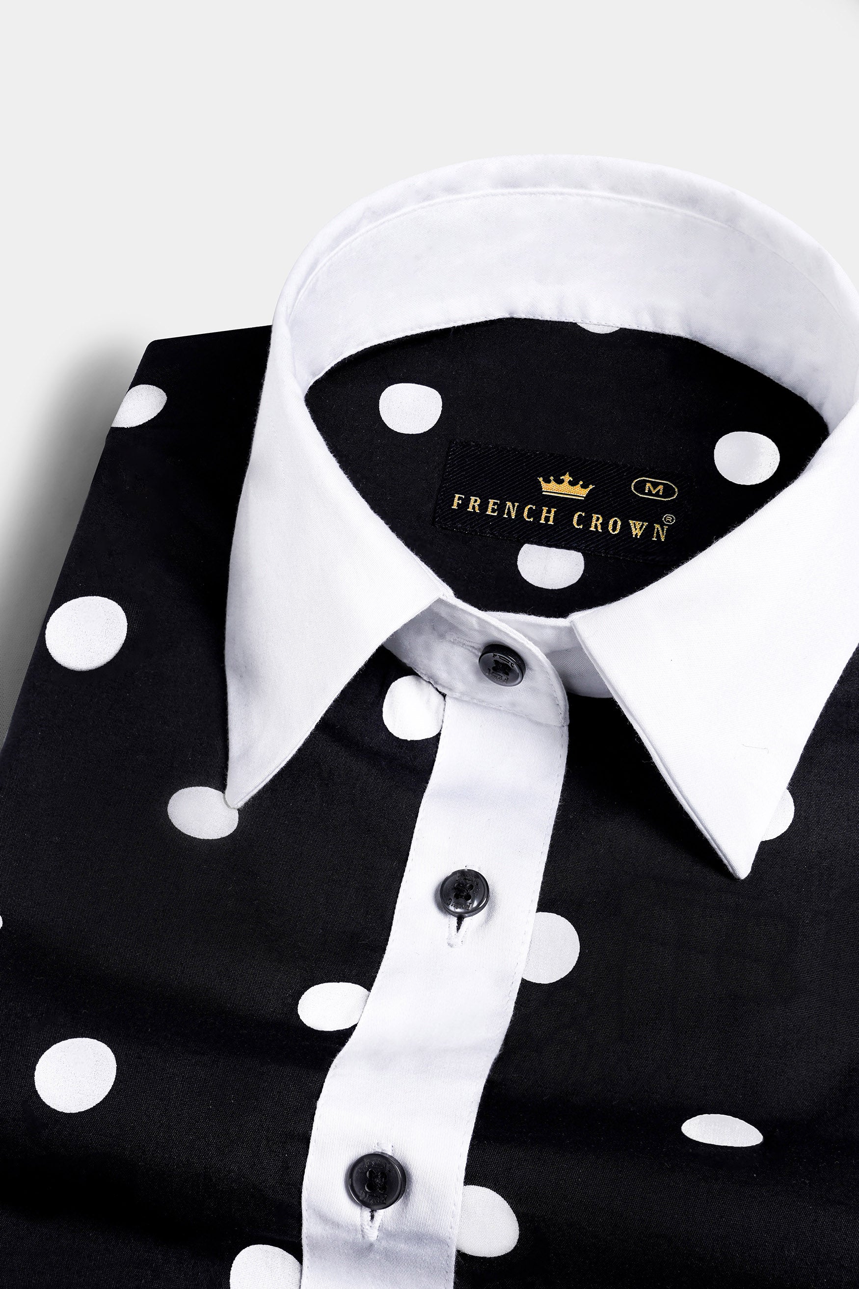 Jade Black and White Polka Dots Premium Cotton Shirt With White Cuff and Collar