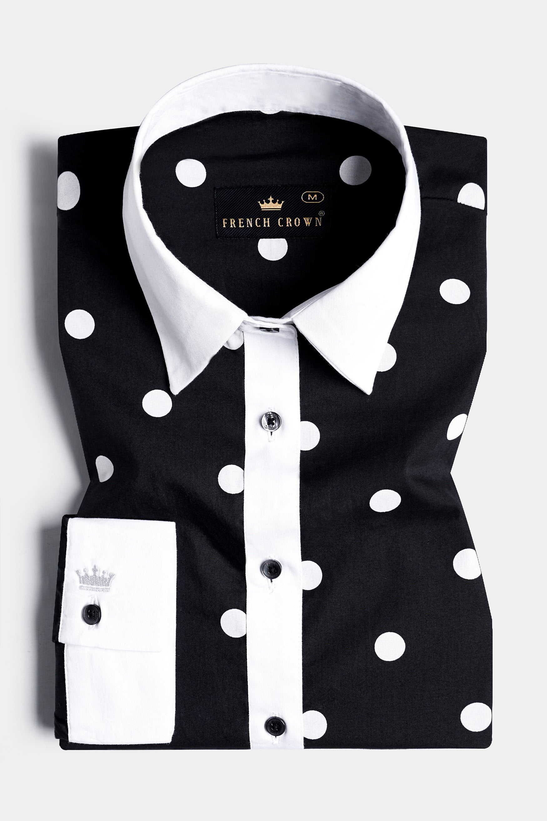 Jade Black and White Polka Dots Premium Cotton Shirt With White Cuff and Collar