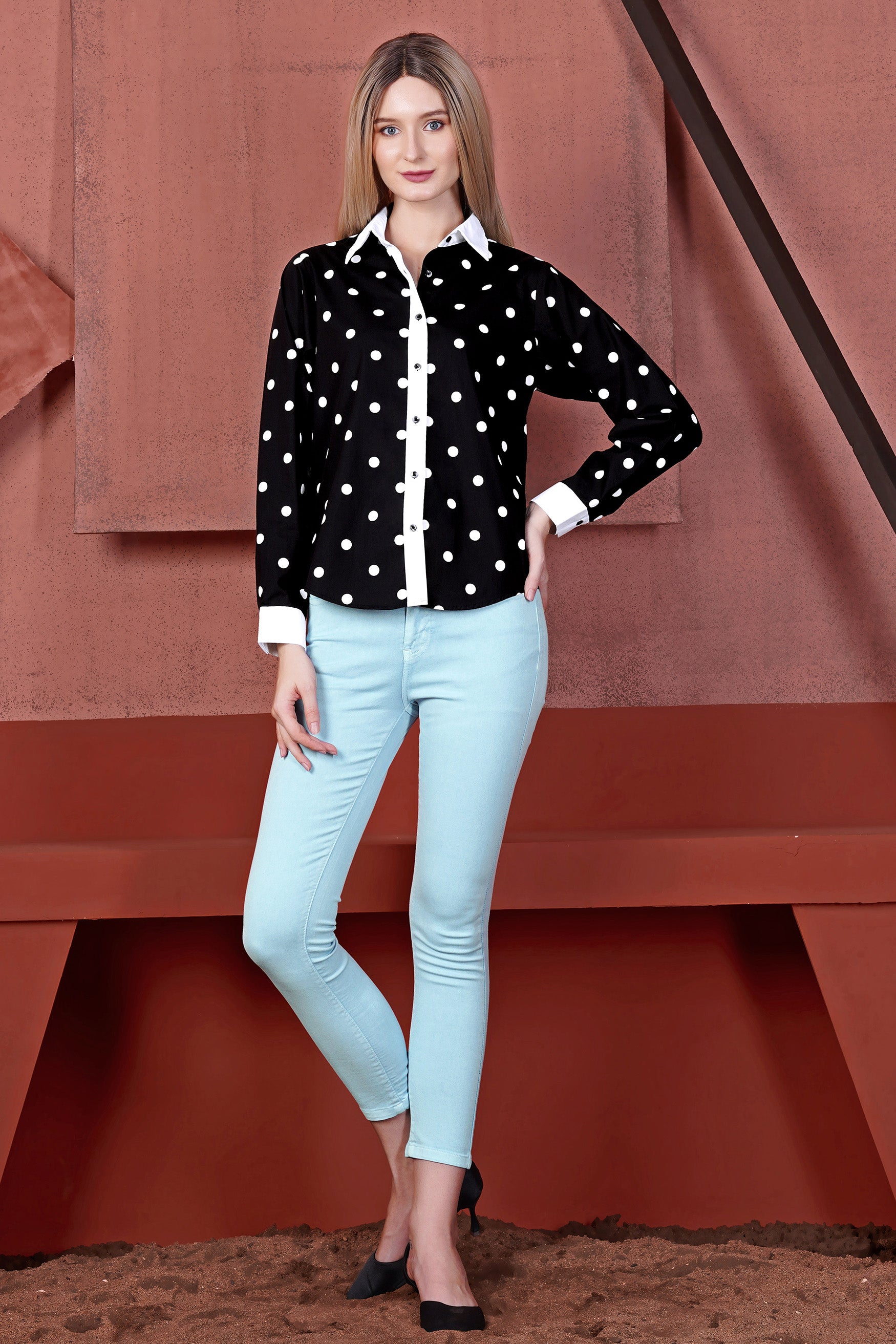 Jade Black and White Polka Dots Premium Cotton Shirt With White Cuff and Collar