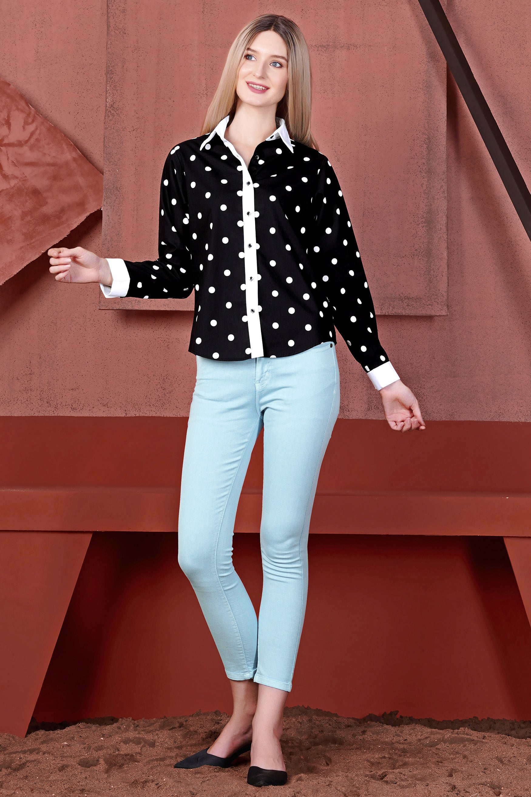 Jade Black and White Polka Dots Premium Cotton Shirt With White Cuff and Collar